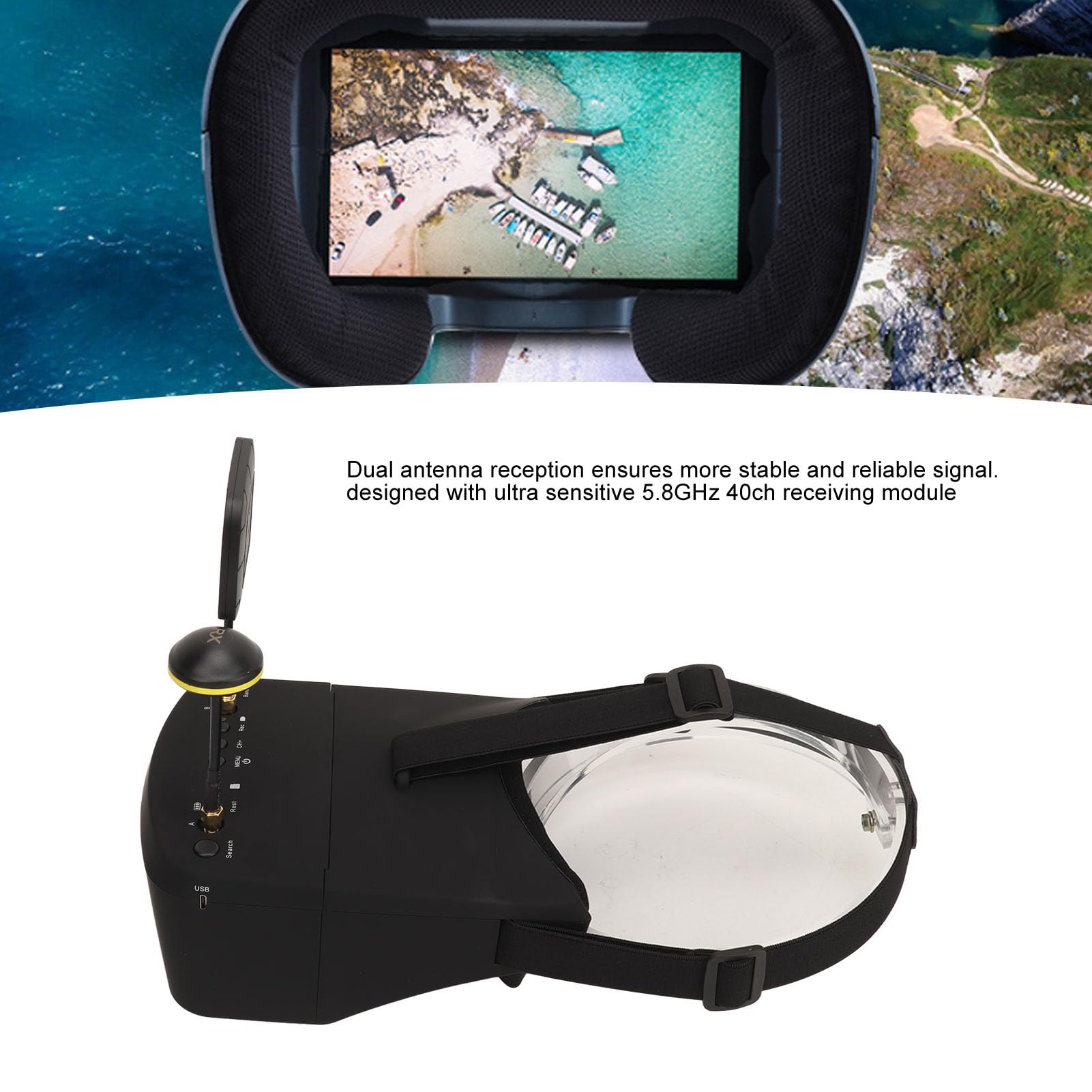 Gafas de drones de registro de DVR, FPV Goggles 5 pulgadas 5.8GHz 40Ch 800x480 Resolución, batería incorporada de 2000mAh para una experiencia FPV mejorada para una
