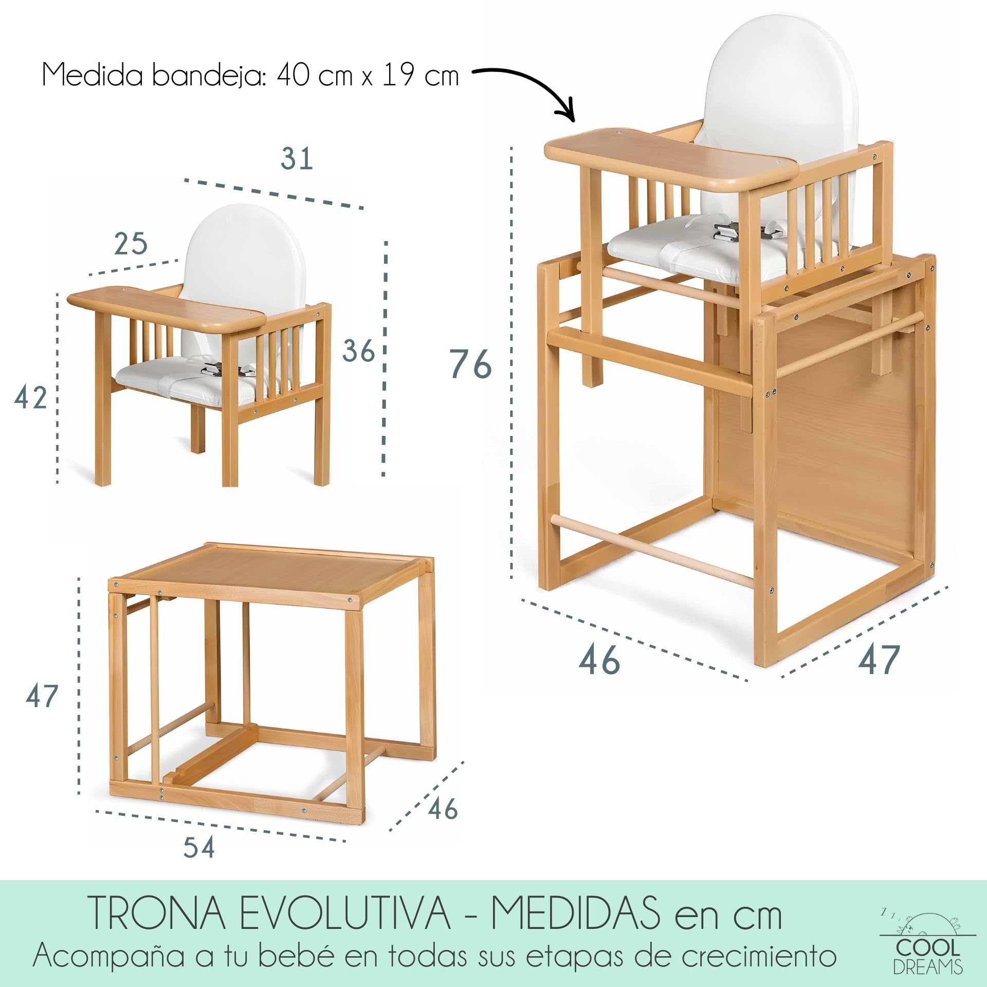 Trona evolutiva para bebé portátil de madera Evoluonge, convertible en silla y mesa infantil para comer, dibujar y jugar, segura, con asiento acolchado impermeable CoolDreams