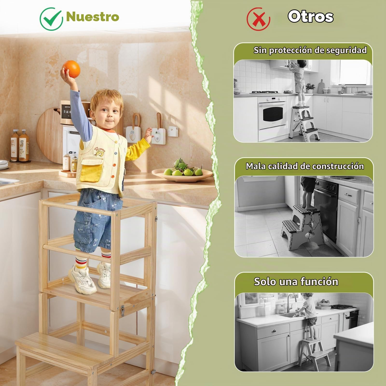 Bonnlo Torre de Aprendizaje Plegable de Madera, Escalera Infantil 4 in 1 con Pizarra, Convertible en Mesa y Silla, hasta 60 KG, Desde 3 Años, Natural