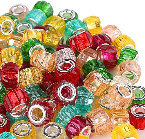 100 cuentas espaciadoras europeas de agujero grande de 0.555 pulgadas, mezcla de colores con núcleos de latón plateado, surtidos, cuentas de