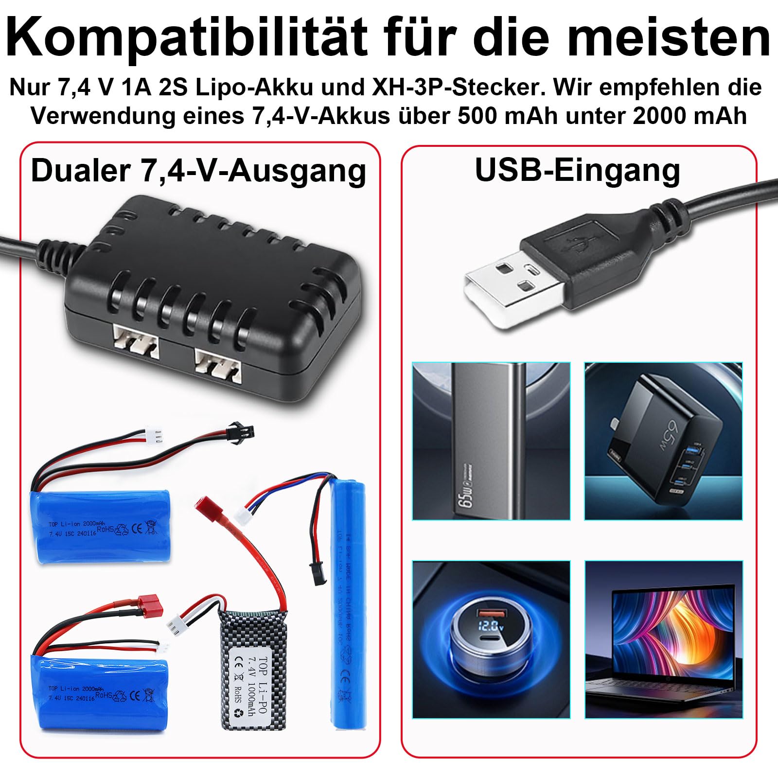 MEIRIYFA 7.4V 1A Lipo Batterij USB Oplader Kabel met XH-3P Connector voor RC Auto Rock Crawler FPV Drone (2 Pack