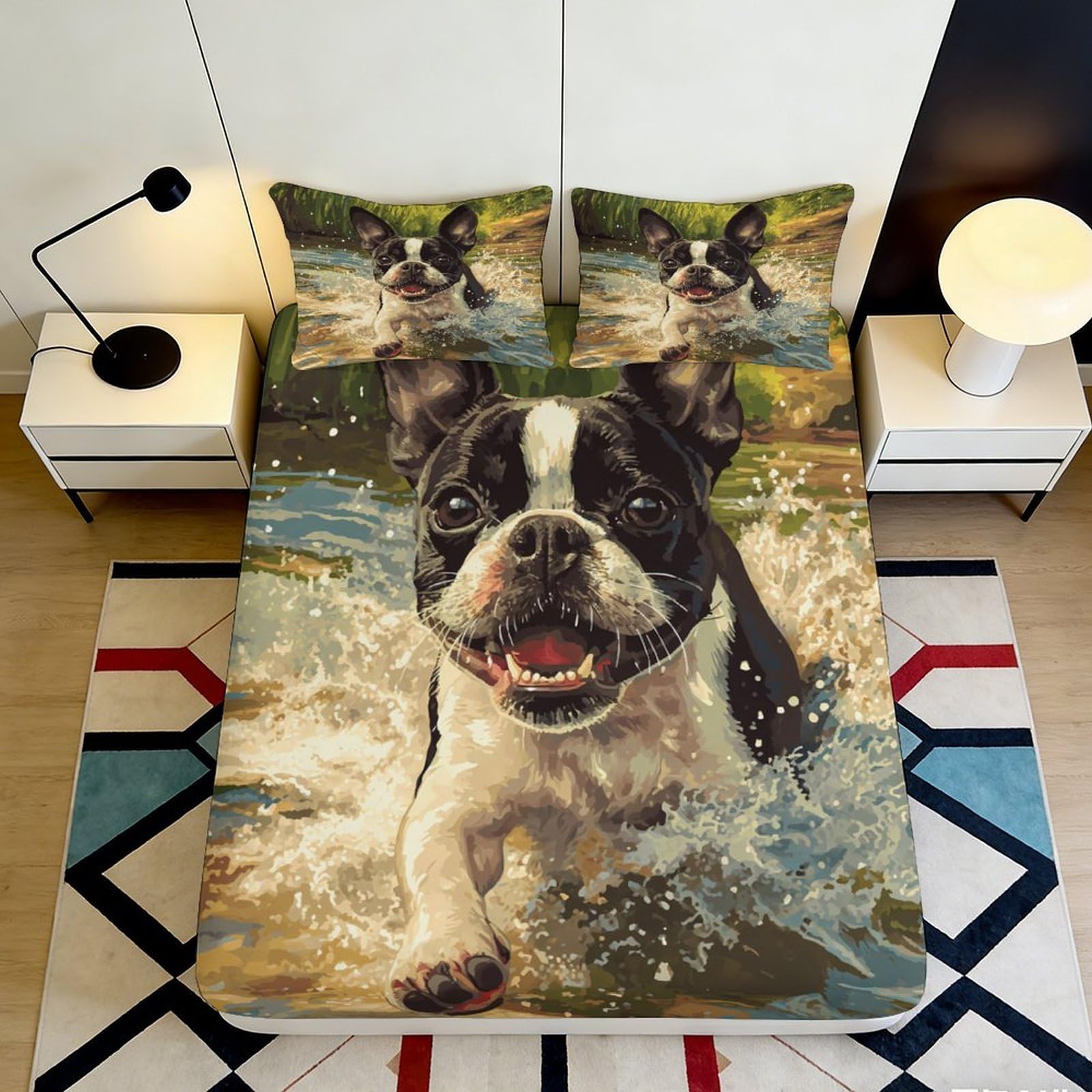 3D Printed Boston Terrier Dog Fitted Sheet Microfiber Soft Durable Black White Puppy Mattress Cover for Bedroom Dormitory Guest Room Protection 160x200x25cm