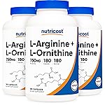 Nutricost L-Arginine L-Ornithine 750mg; 180 Capsules (3 Bottles)