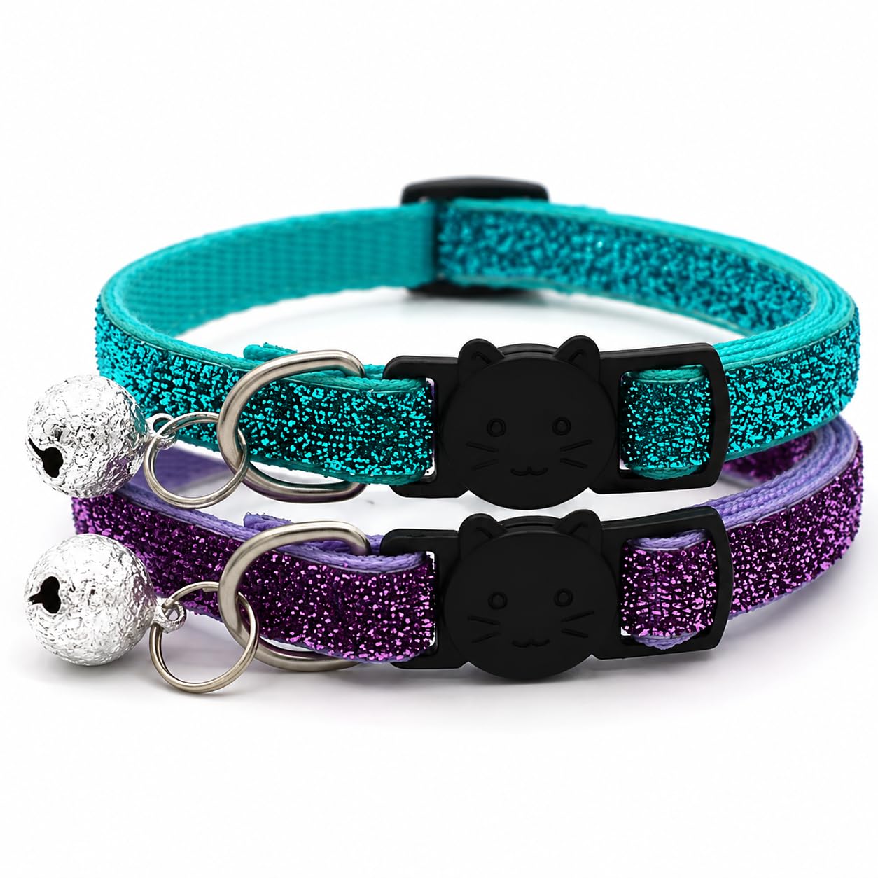 Glitter Cat and Kitten Collar with Bell and Safety Release Buckle, Adjustable 19-35cm Design, Pack of 2, Available in Red, Pink, Blue, Silver and Gold. (Purple and Turqouise)