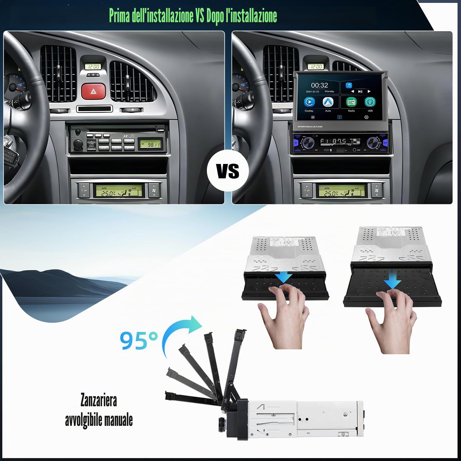CAMECHO 1 Din Auto con Wireless Carplay HD Touchscreen, 7 Pollici Bluetooth Radio Manuale Schermo Estensibile con Android Auto FM/AM/RDS Handsfree Mirror Link Controllo del Volante