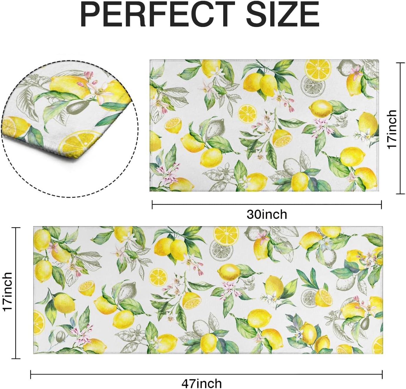 Lemon Kitchen Rugs Set of 2, Farmhouse Lemon Kitchen Rugs and Mats Non-Slip Washable,Yellow Kitchen Decor Floor Mats for Kitchen Sink Laundry Room, 17x30+17x47 Inch