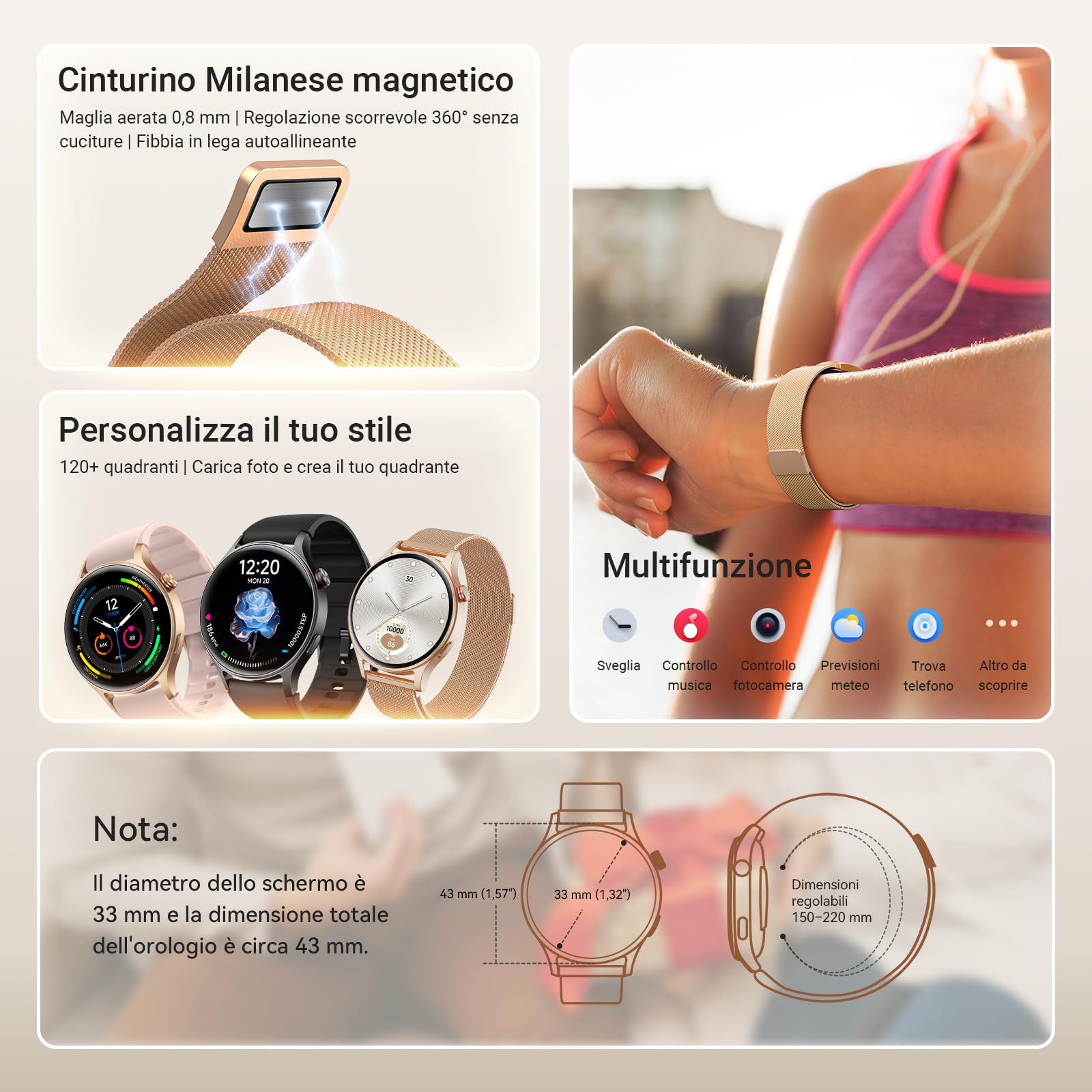 Smartwatch Donna Uomo, 1.32" AMOLED Orologio Fitness Tracker con Effettua/Risposta Chiamate Bluetooth, Contapassi/Cardiofrequenzimetro/Sonno, Impermeabile IP68 per Android iOS Quadrante Rotondo