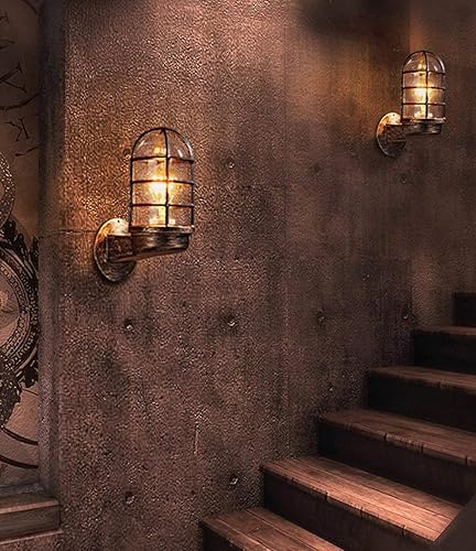 Miniatura 9 de NIUYAO Aplique de pared reversible de hierro forjado de metal vintage industrial estilo náutico con protector de alambre rústico antiguo pared
