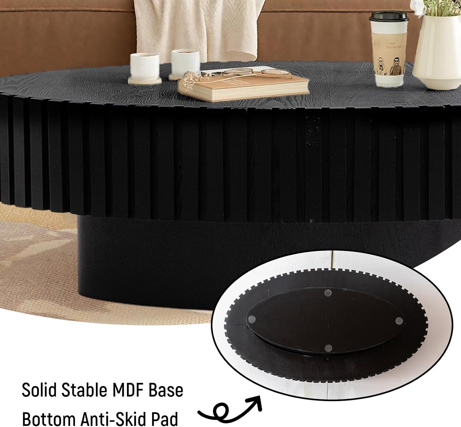 43.3'' Oval Fluted Coffee Table, Minimalist Modern Drum Coffee Tables Wood Center Table Contemporary Small Tea Tables for Living Room Small Space Apartment,Easy Assembly,Black Oval