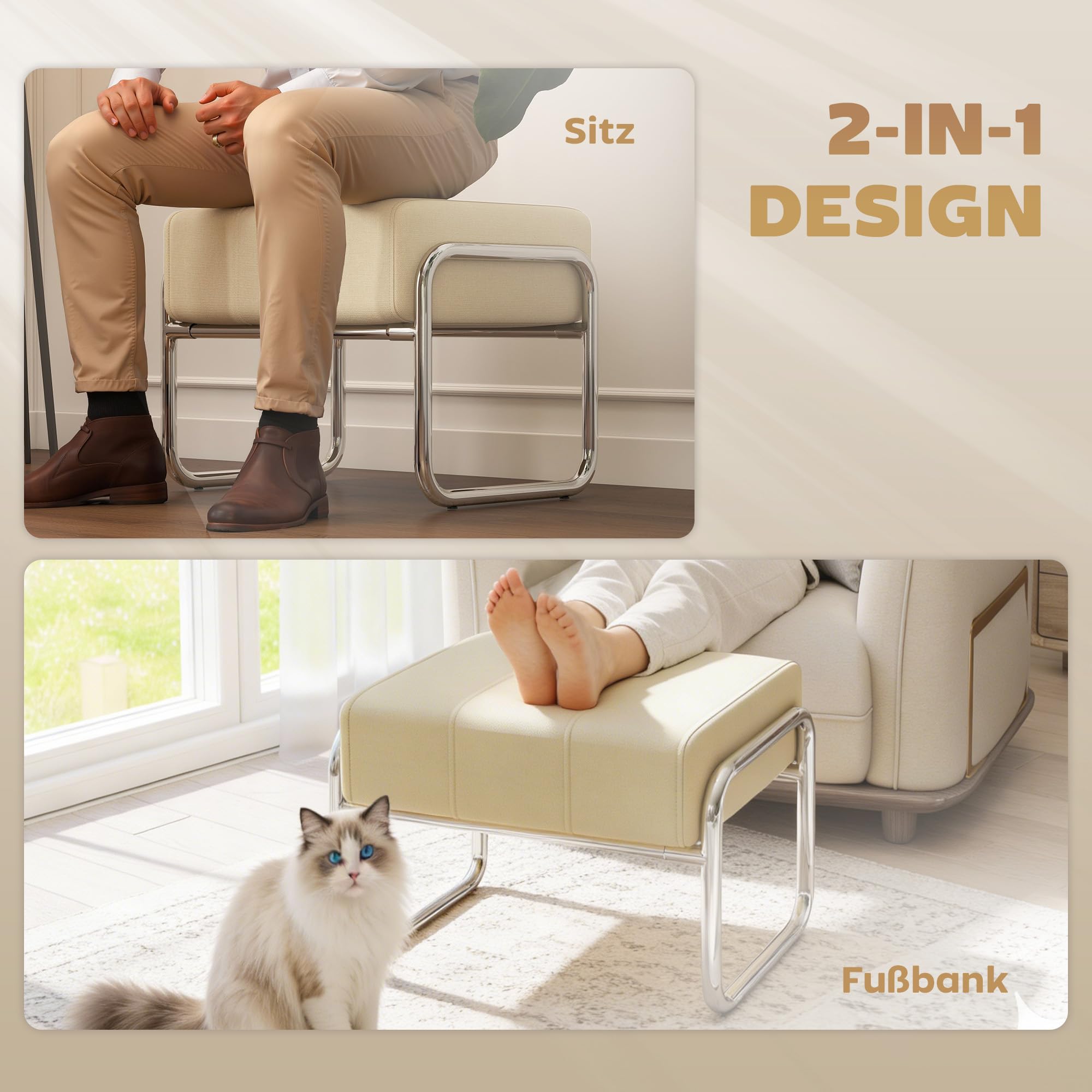 HOMCOM Fußhocker Dick Gepolstert mit Stahlbeinen Chenille-Stoff Beige