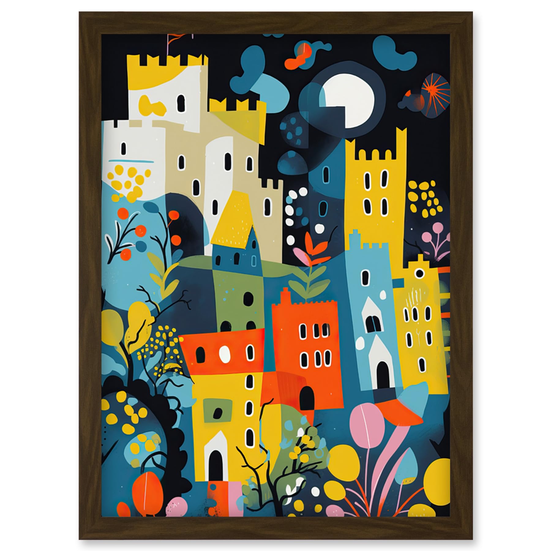 Artery8 Nottingham at Night Abstract Folk Art Cityscape Artwork Framed Wall Art Print A4