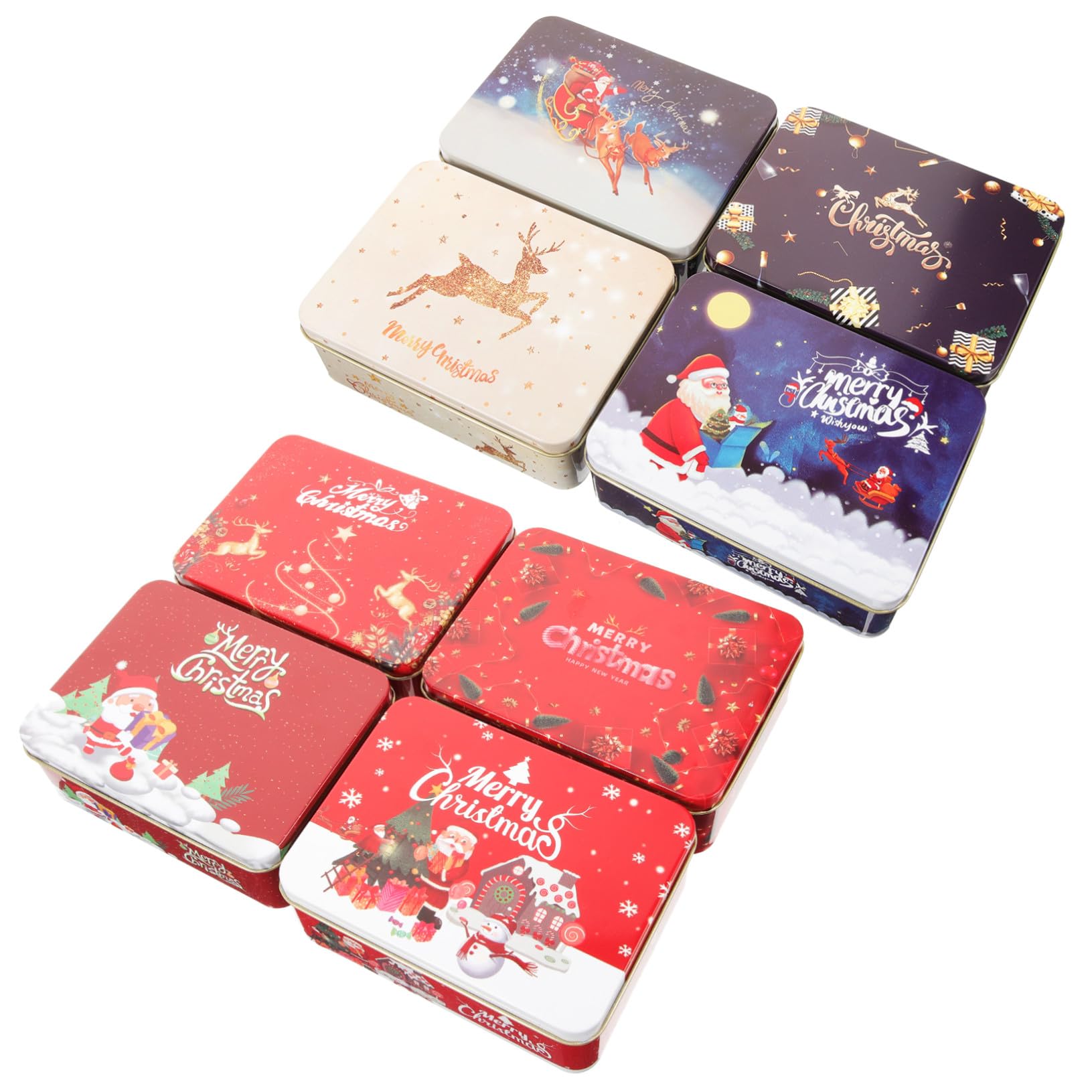 TOGEVAL 8 Teiliges Weihnachtsdose aus Metall Kleine Eckige Geschenkboxen mit Deckel Stabile Blechboxen für Weihnachtskarten und Geschenke Farbenfrohe Wiederverwendbare Vorratsdose