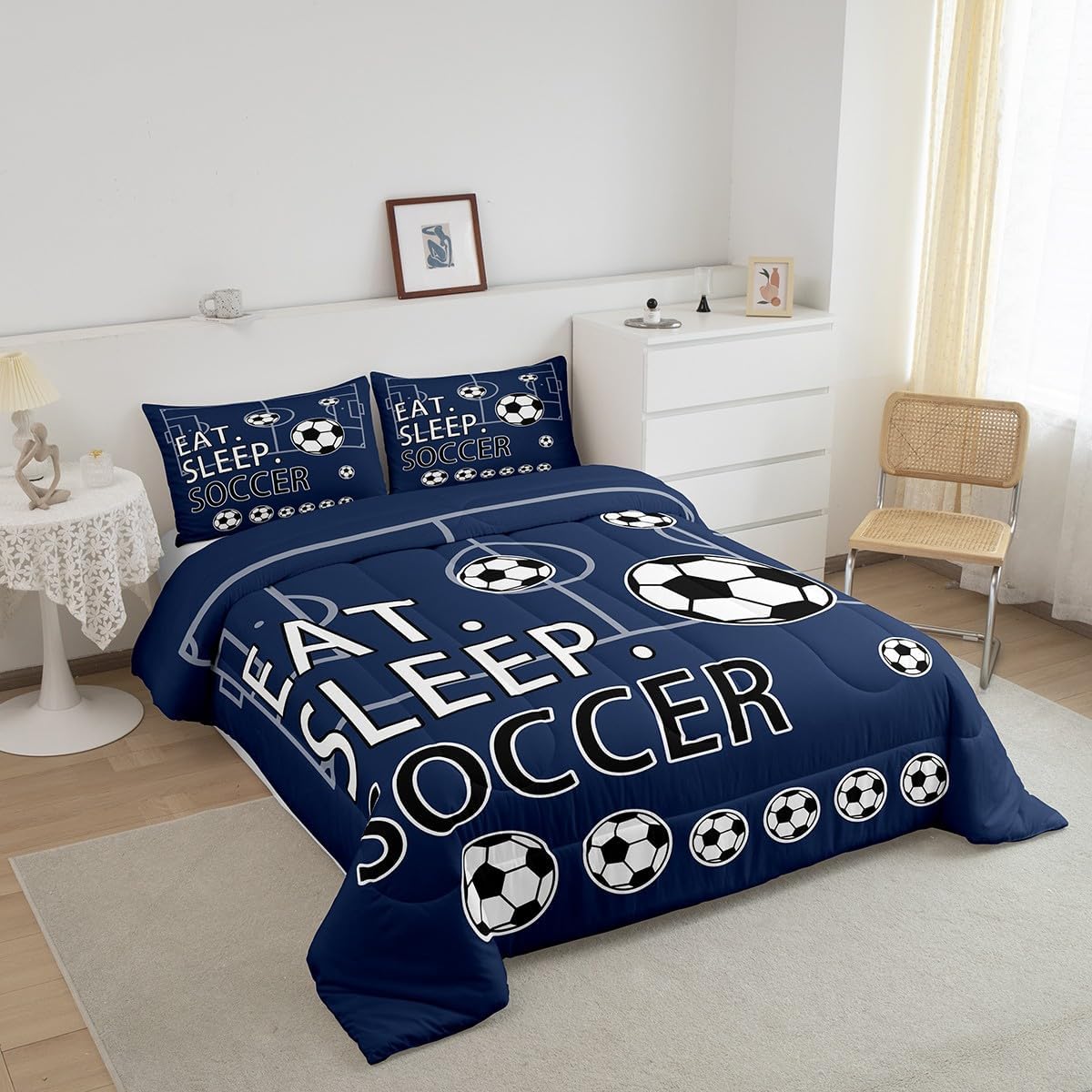 Feelyou Full Size Soccer Comforter Set Boys Girls Football Bedding Set for Kids Teens Toddler Navy Blue Duvet Set Soccer Ball Game Quilt Set 3Pcs