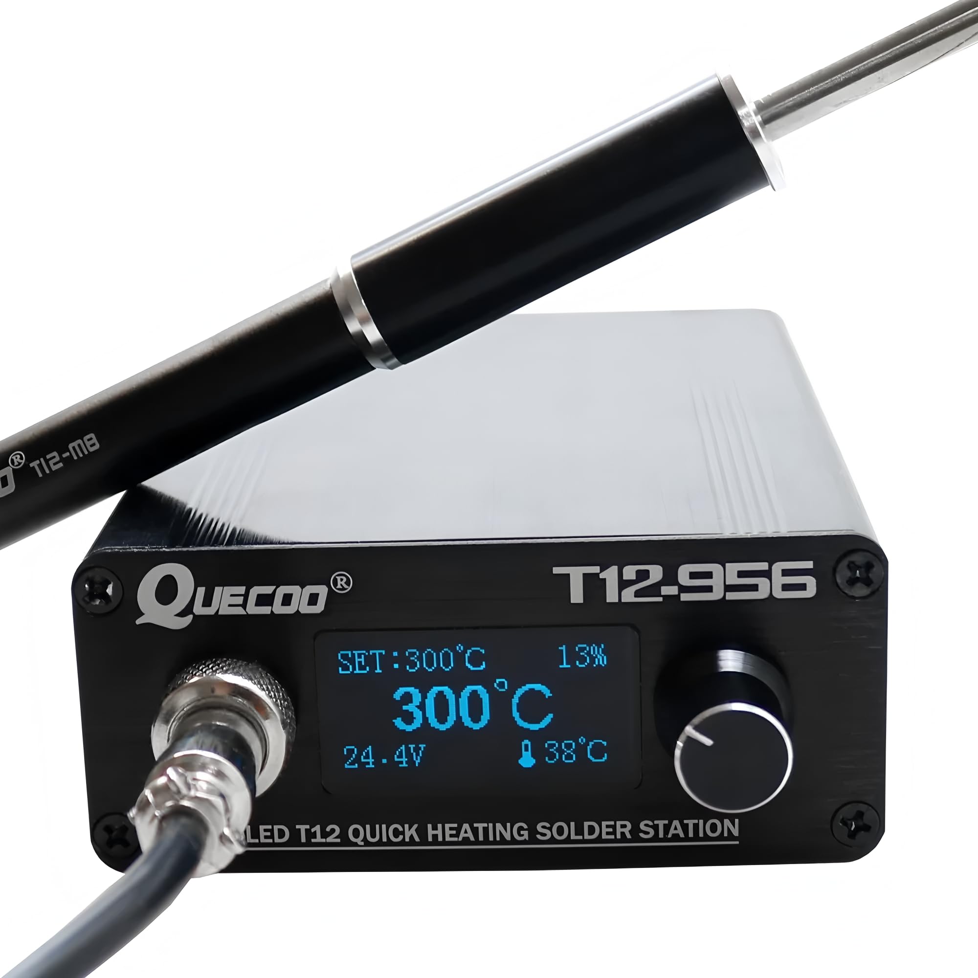 QUECOO T12-956 Löten Digitalstation Elektronischer Lötkolben OLED 1,3 Zoll mit schwarzem M8-Griff und T12 Lötkolbenspitzen (T12-956 Kit IV)