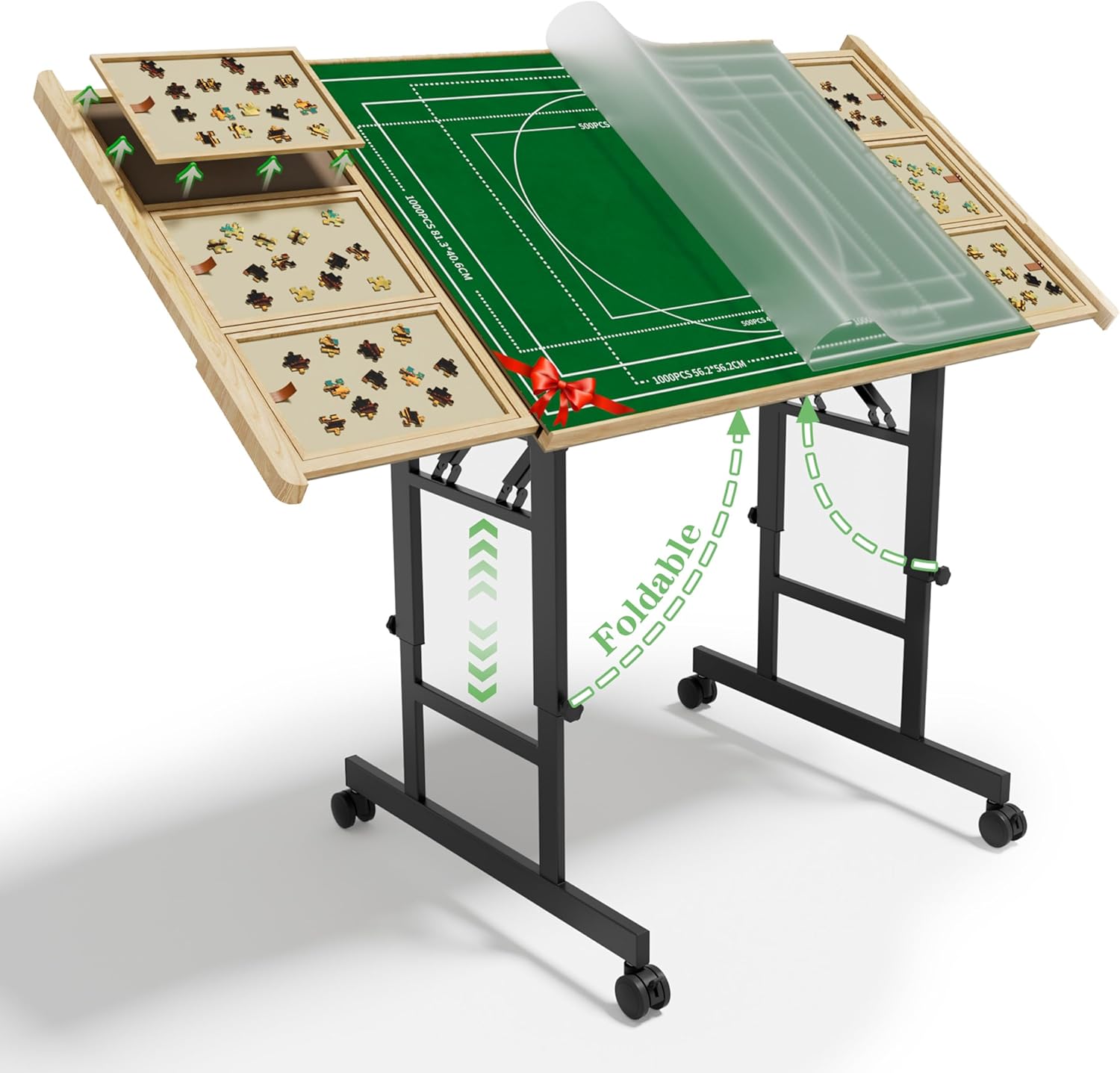 CODACE Puzzle Table with Drawers - 1500 Pieces Folding Puzzle Tables for Adults, Tilting Jigsaw Puzzles Board with Sorting Trays, Table with Adjustable Height Legs and Wheels，Present for Puzzles Lover