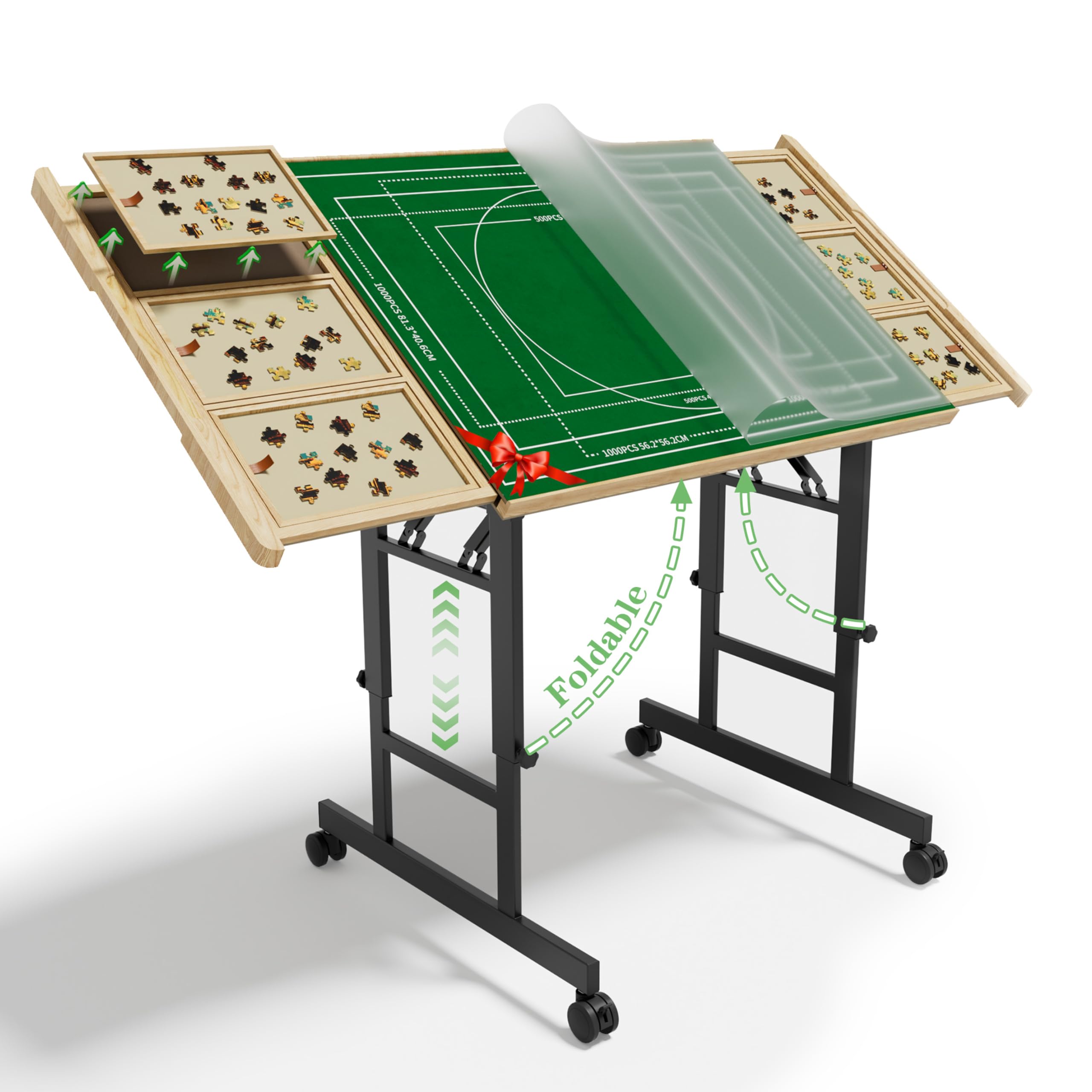 codace puzzle table with drawers - 1500 pieces folding puzzle tables for adults, tilting jigsaw puzzles board with sorting trays, table with adjustable height legs and wheels?present for puzzles lover