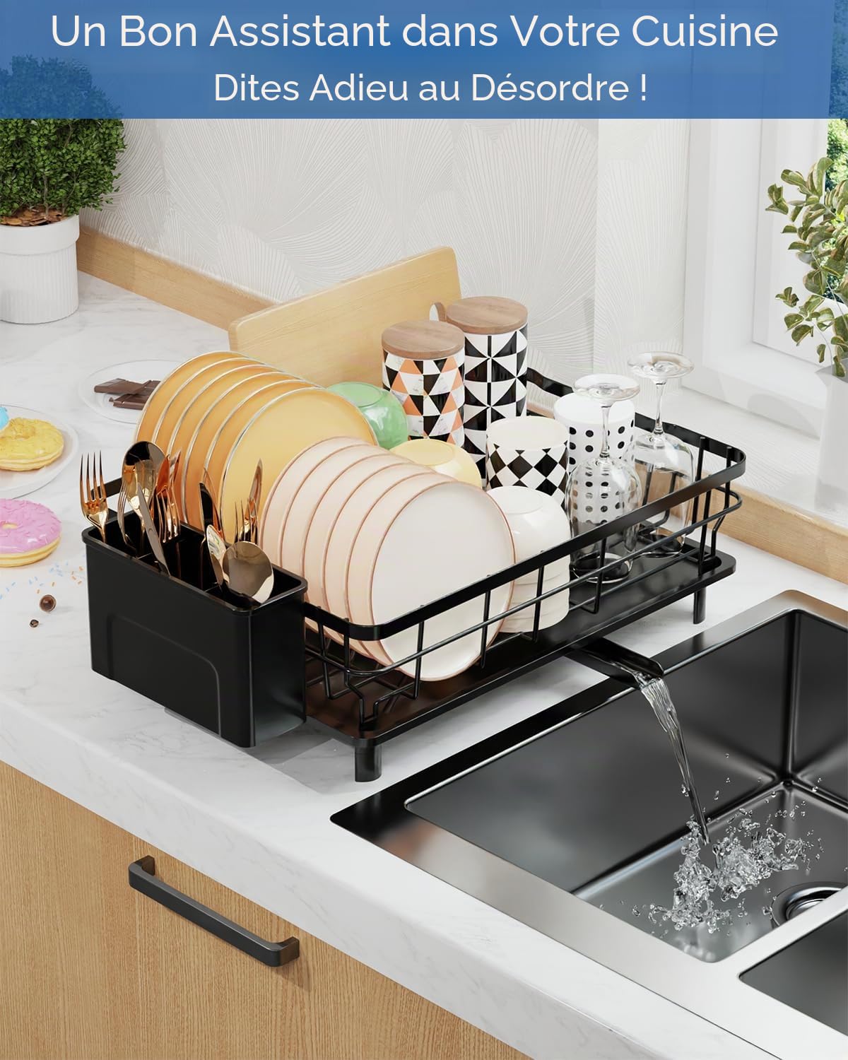 Egoutoire Vaisselle Cuisine,Grande Égouttoir Vaisselle avec Plaque de Drainage,Acier Inoxydable Égouttoir Vaisselle avec Porte-Ustensiles et Buse Rotative,Séchoir à Vaisselle Rangement