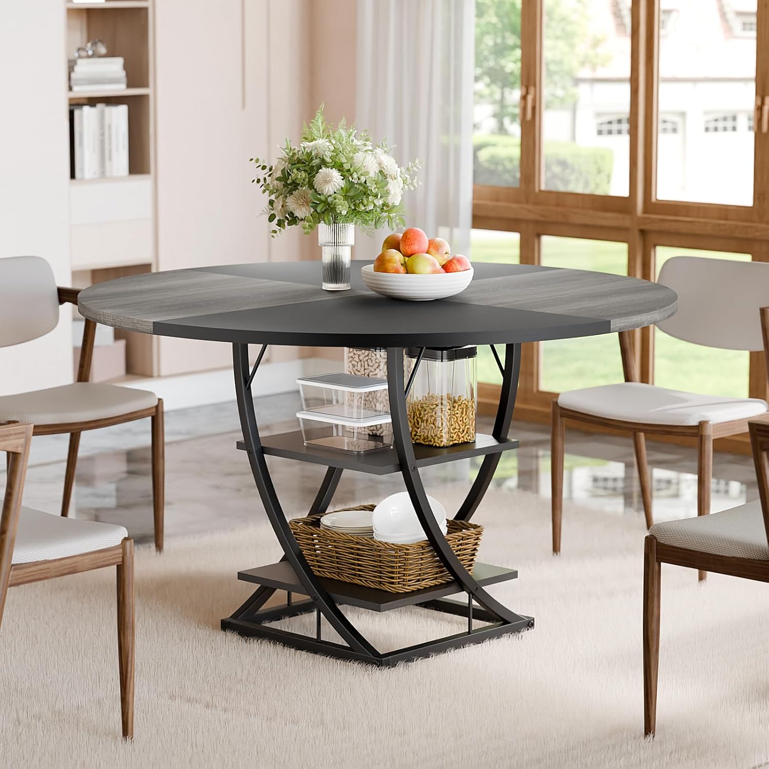 Round Dining Table for 4-6, 47 inch Circle Kitchen Table with 2-Layer Storage Shelf, Modern Wood Dinner Table with Heavy Duty Pedestal for Dining Room, Farmhouse, Living Room, Kitchen, Black & Grey
