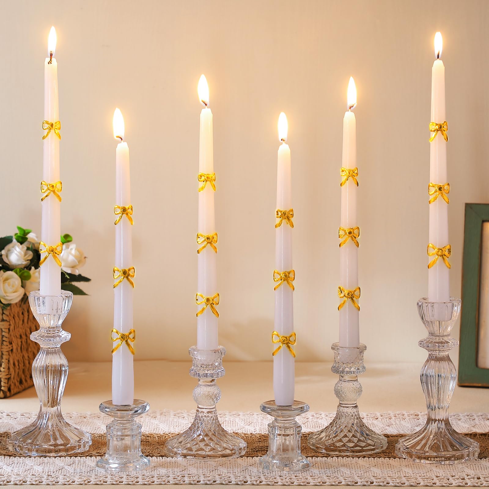 Nuanchu 6pcs Gold Bow Taper Candles Coquette Birthday Decoration 10 Inch Unscented Bow Taper Candles for Dinner Couple Anniversary Coquette Shower Bridal Shower Wedding Party Decorations