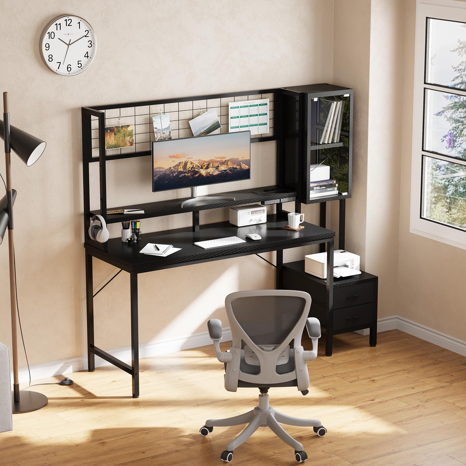 Devoko Scrivania Da Gaming Angolare Con LED E Prese, 120 cm, Arredamento Per Ufficio, Con Ganci E 2 Cassetti In Tessuto, Ideale Per il Telelavoro E I Videogiochi, Nera | Con ganci e 2 cassetti in tessuto, Perfetta per telelavoro e videogiochi
