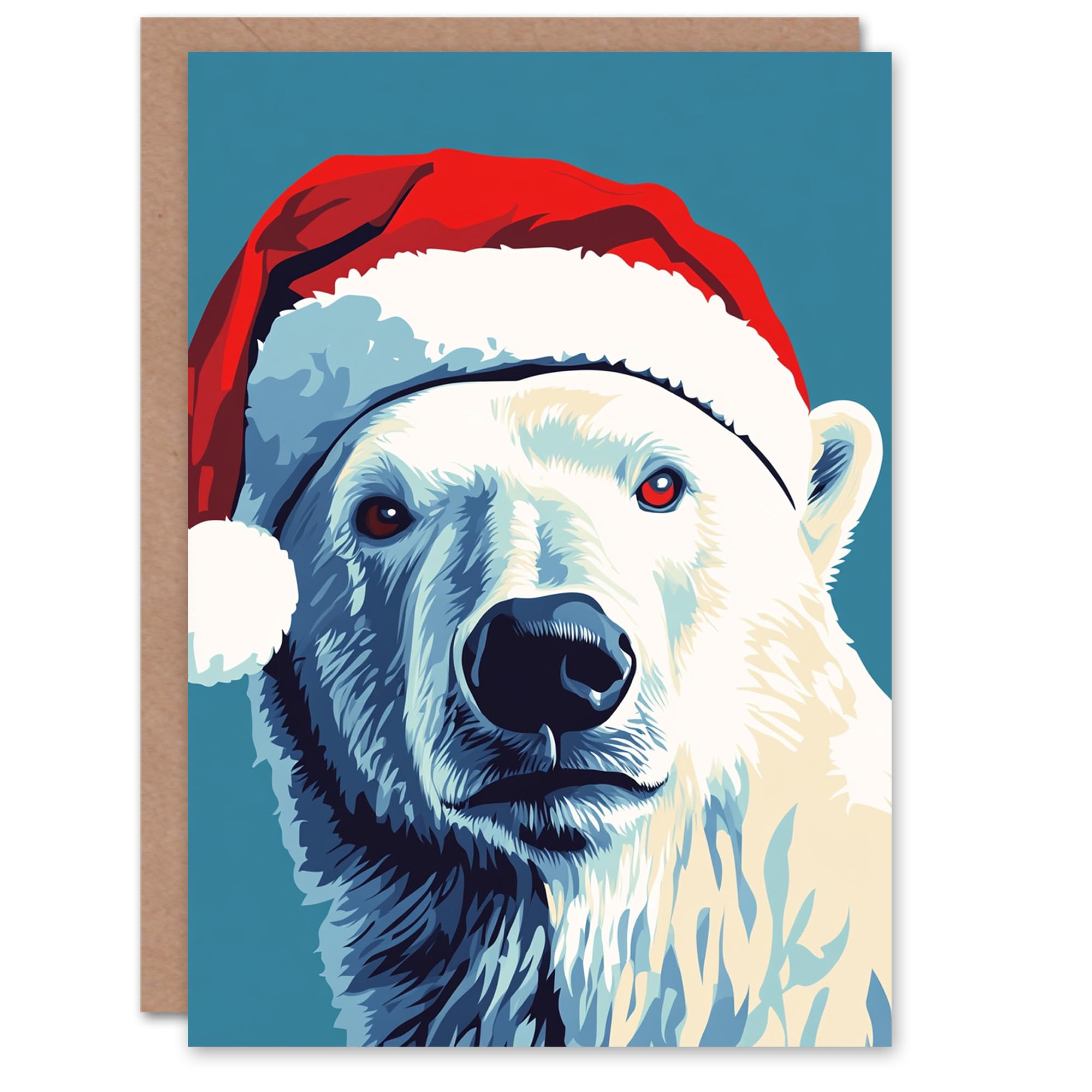 Artery8 Polar Bear With Santa Hat Blue Red Blank For Him Or Her Art Xmas Festive Christmas Card