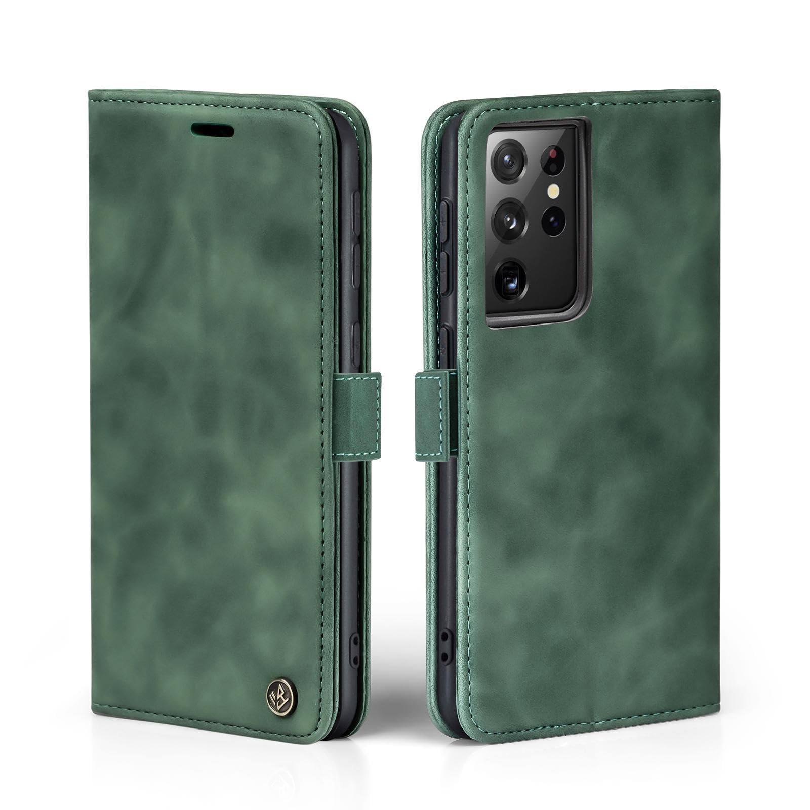 LBH Handyhülle für Samsung Galaxy S21 Ultra 5G Grün – Karten- und Geldfach, Standfunktion, Flip Case