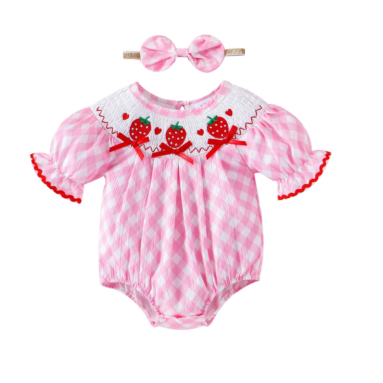 FOCICI Baby Girl Clothes Smocked Romper Newborn Plaid Short Sleeve Bubble Bodysuit + Bow Headband Summer Outfits 0-18 Months