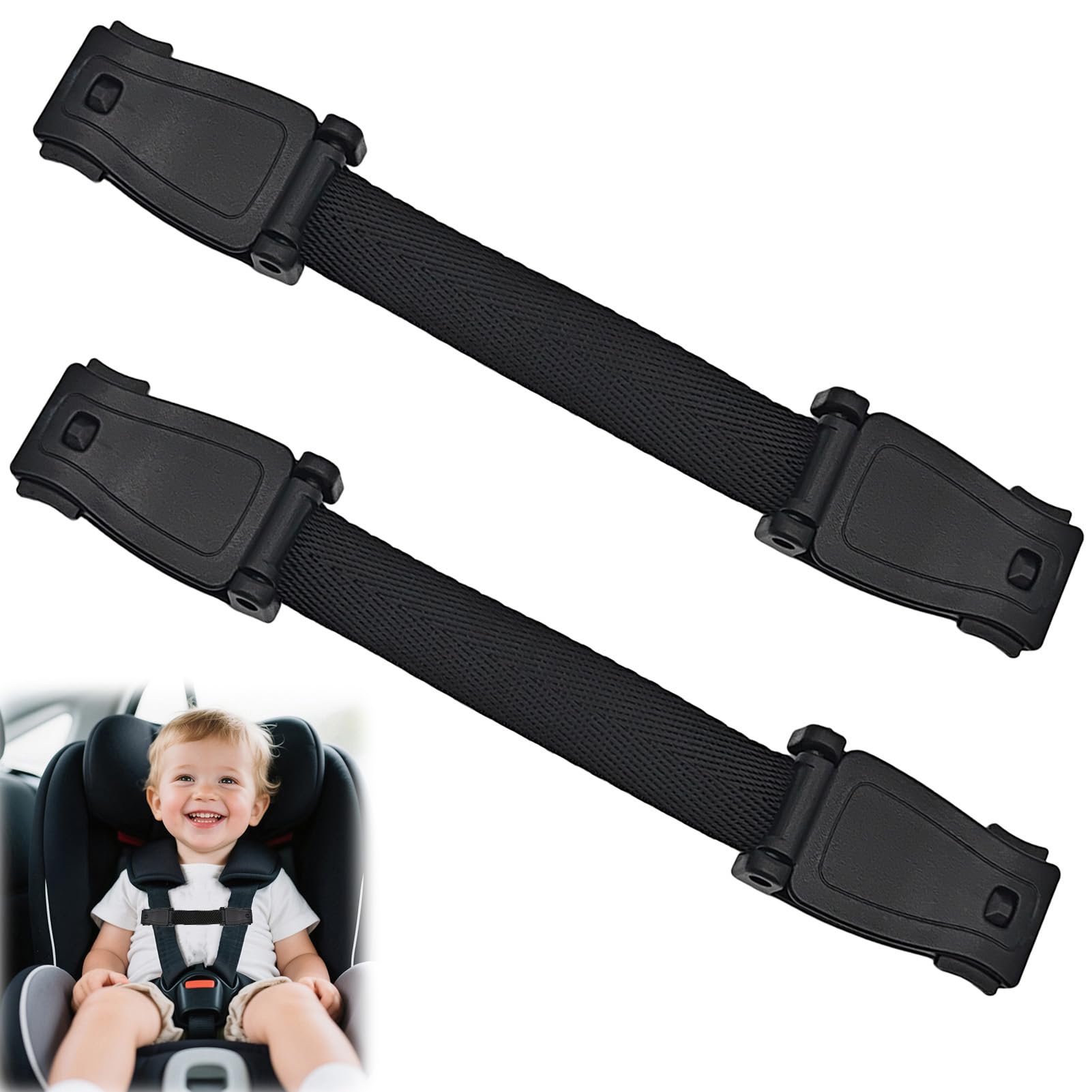 2 Pack Anti Escape Car Seat Strap and Baby Safety Harness Clip, Adjustable Child Car Seat Clip for High Chairs Strollers Infant Seat Belt Restraint Baby Rein and Car (Black Without Buckle)