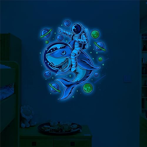 Miniatura 2 de Calcomanías de pared luminosas de astronauta y tiburón, calcomanías de pared extraíbles de PVC del universo espacial para dormitorio, sala de estar,