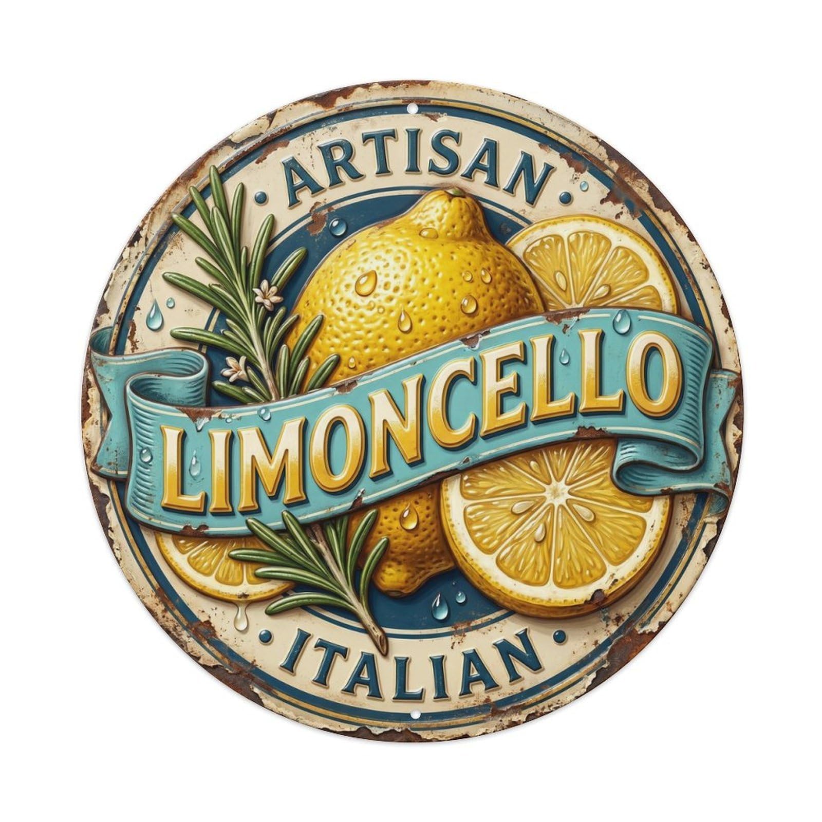 Artisan Italian Limoncello Crest Metal Tin Sign Plaque Wall Decor for Cafe, Club, Garden Round Metal Poster 8x8Inch