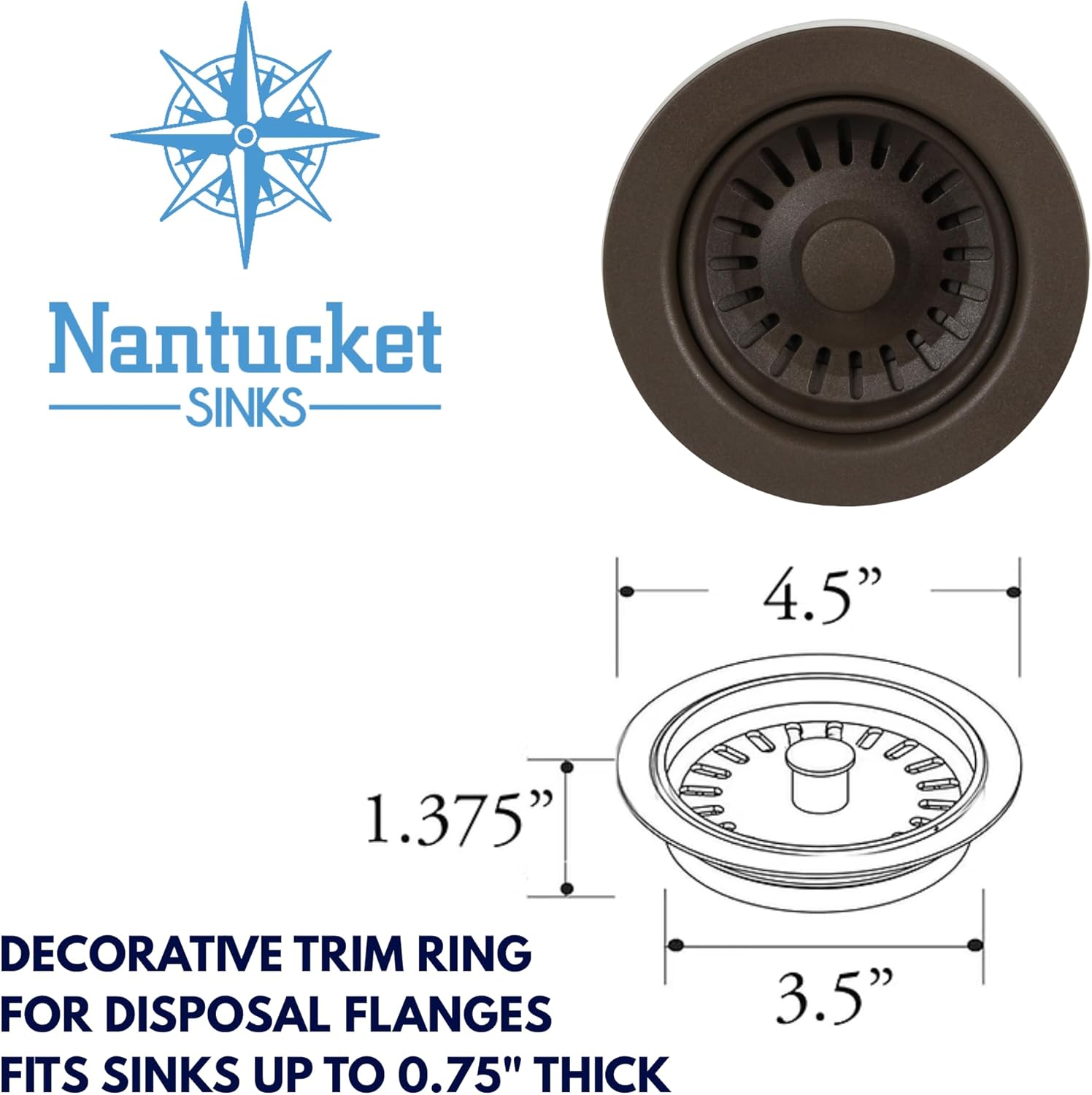 Nantucket 3.5DF-GCCB Brown Decorative Trim Ring for Disposal Flange, for Granite Composite Sinks, Made in Italy