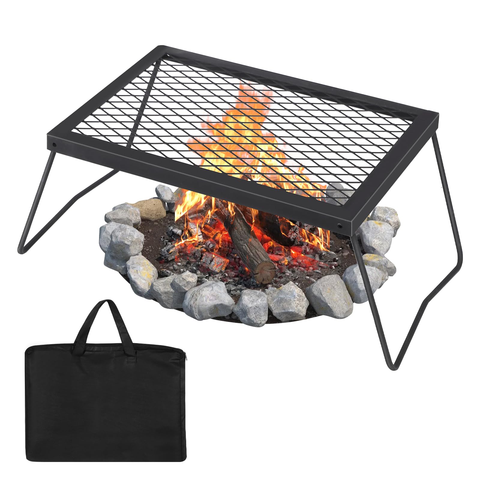 Folding Campfire Grill - Heavy Duty Steel Portable BBQ Grate, Compact Foldable Design, Charcoal Grill for Outdoor Camping, Garden Barbecue & Open Flame Cooking