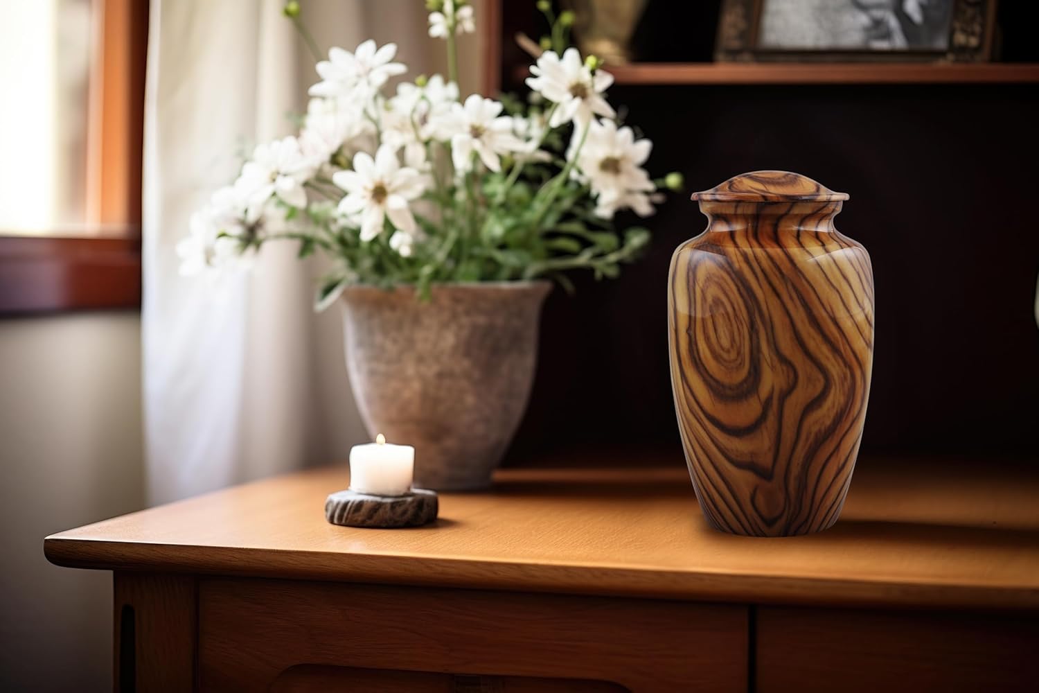 Walnut Grain Print Cremation Urn – Full Size Metal Urn with Teak Wood Finish – Adult Memorial Urn for Human Ashes up to 200 lbs – Funeral Urn for Men and Women with Velvet Bag (Large)