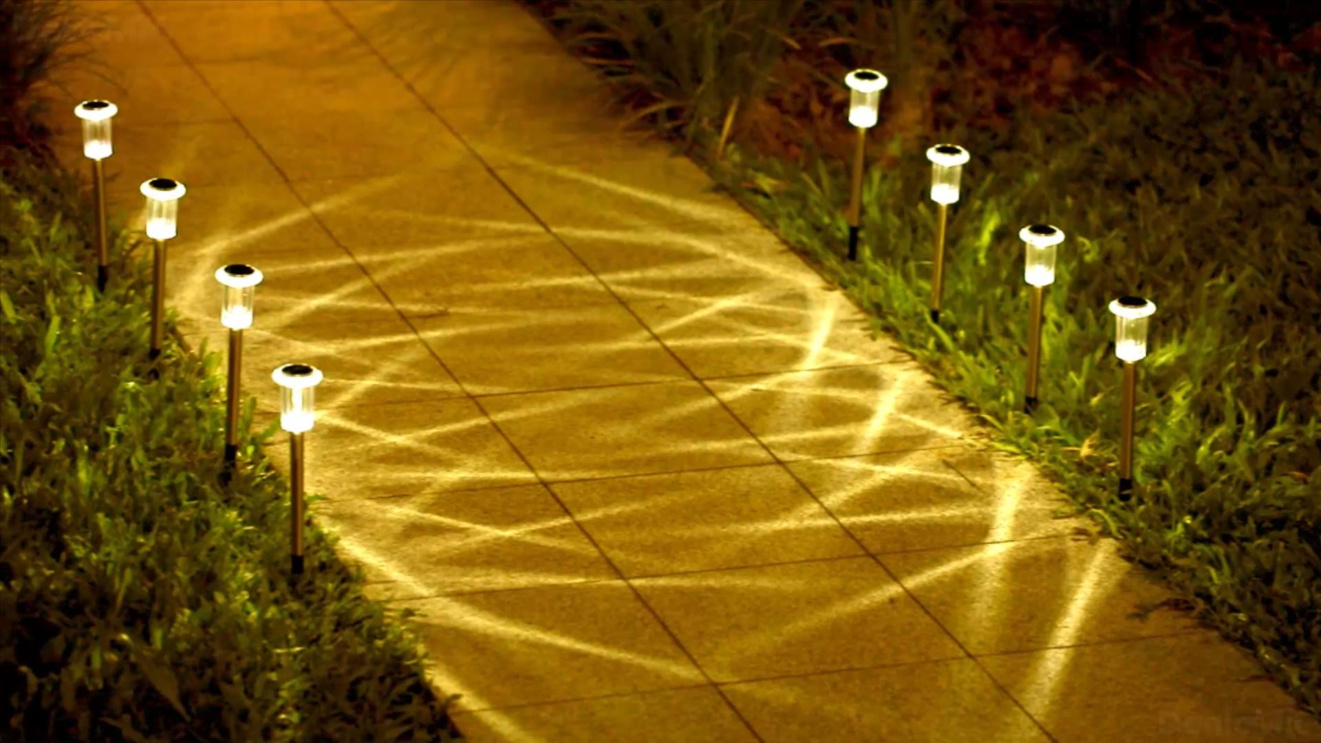 Image of DenicMic Solar Garden Lights Outdoor Waterproof 10Pack 3000K Warm White LED | Pathway Walkway Driveway Yard Garden Decor for Outside Starburst Light Pattern, Diamond-like Lampshade Stainless Steel Pole