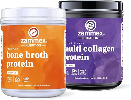 Zammex Polvo de proteína de caldo de hueso de res 0.71 oz de proteína y péptidos de colágeno multi en polvo de proteína sin sabor