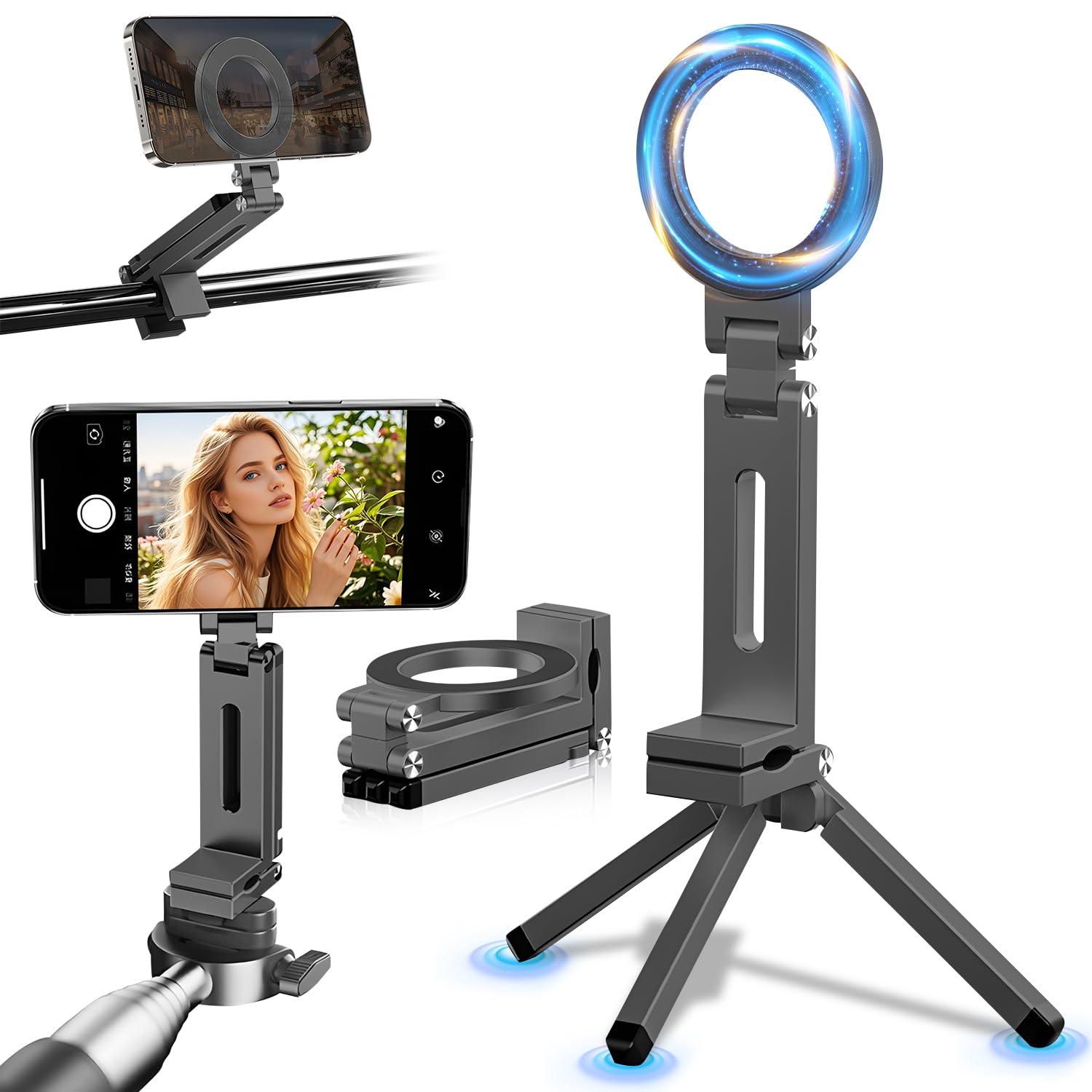 Magnetic Phone Tripod Stand,Tripods Mount Foldable,Magnetic Tripod Selfie Stick,Upgrade Mini Cell Phone Tripods Mount Handle Smartphone Desk Stand for