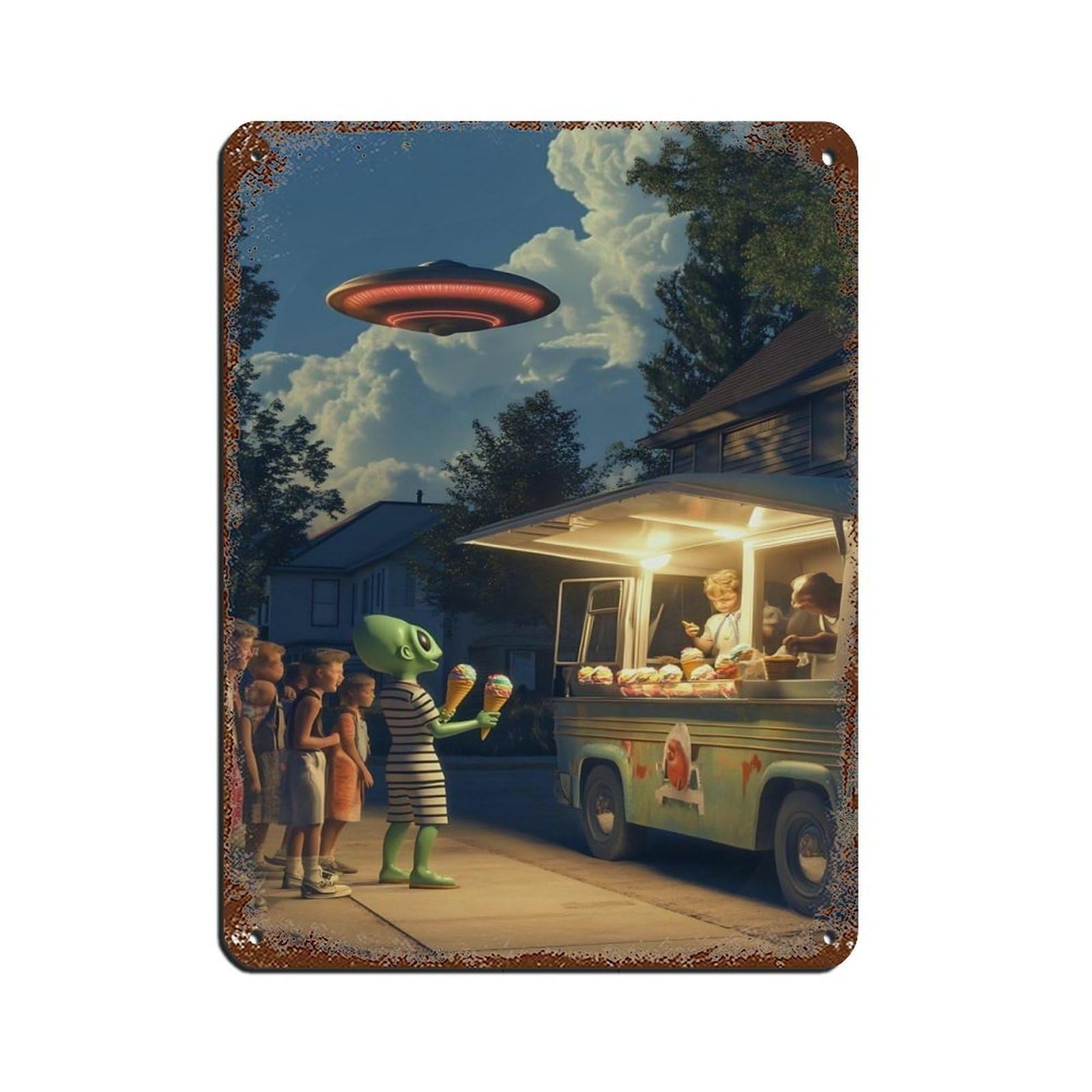 Lxwnze 30L X 40W Cm Alien Ice Cream Truck Art Tin Sign Vintage Metal Pub Club Cafe Bar Home Wall Art Decoration Poster Retro 12X16inch(30X40cm)
