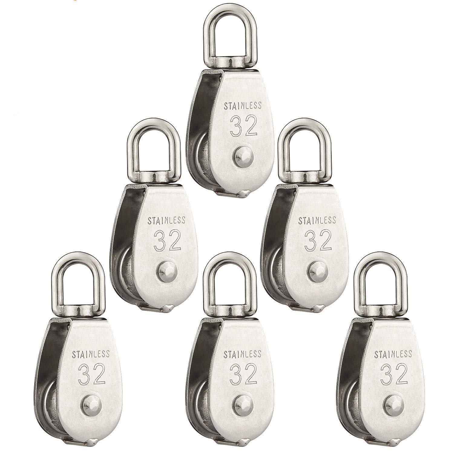 6 Pack M32 Lifting Single Pulley Roller Loading 551Ibs, 304 Stainless Steel Heavy Duty Single Wheel Swivel Lifting Rope Pulley Block 32mm Pulley Roller