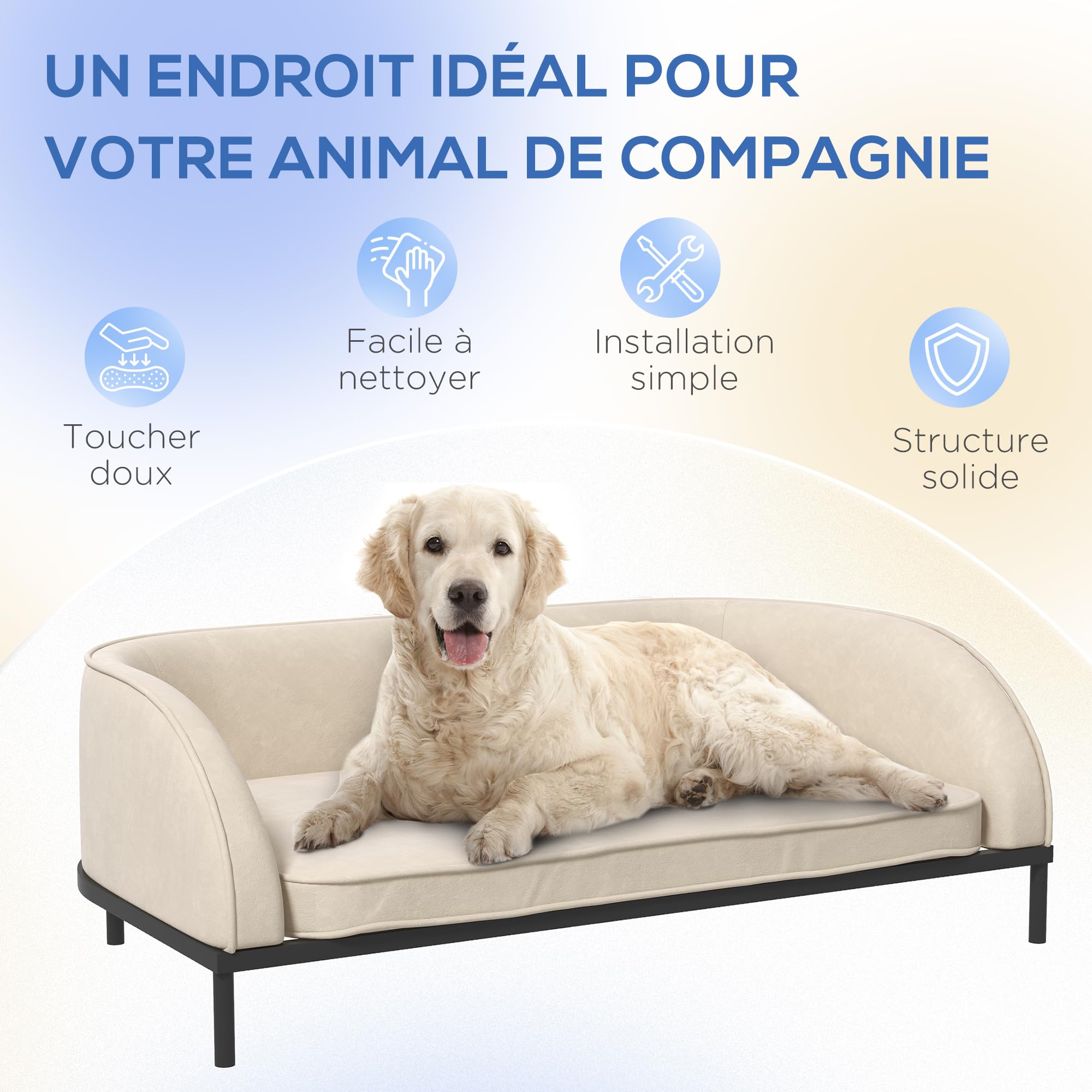 PawHut Canapé pour Chien lit surélevé pour Chien 101,5 x 62 x 34,5 cm Coussin déhoussable Pieds en Acier Surface en Velours lit pour Chien Blanc crème Noir
