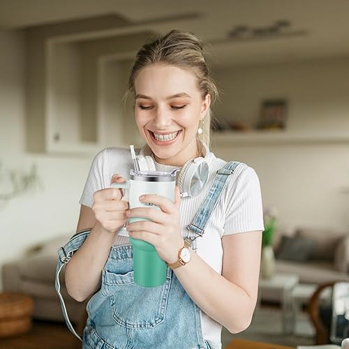 Miniatura 7 de Vaso de 40 onzas con asa y tapa con popote, taza de café de viaje 100% a prueba de fugas, taza aislada de acero inoxidable para bebidas frías y