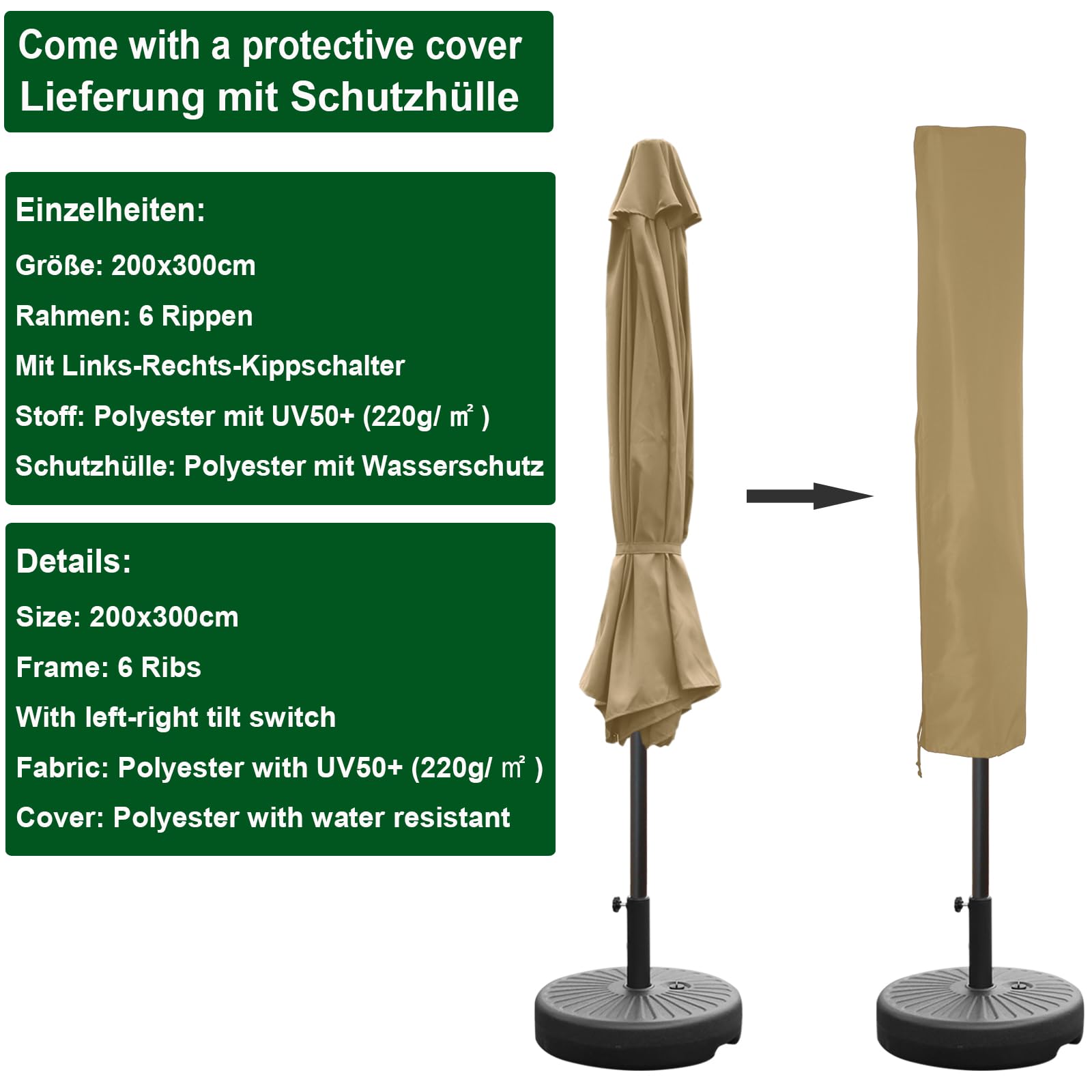 RANSENERS Parasol Rectangulaire 200 x 300 cm pour Jardin, Terrasse, Café