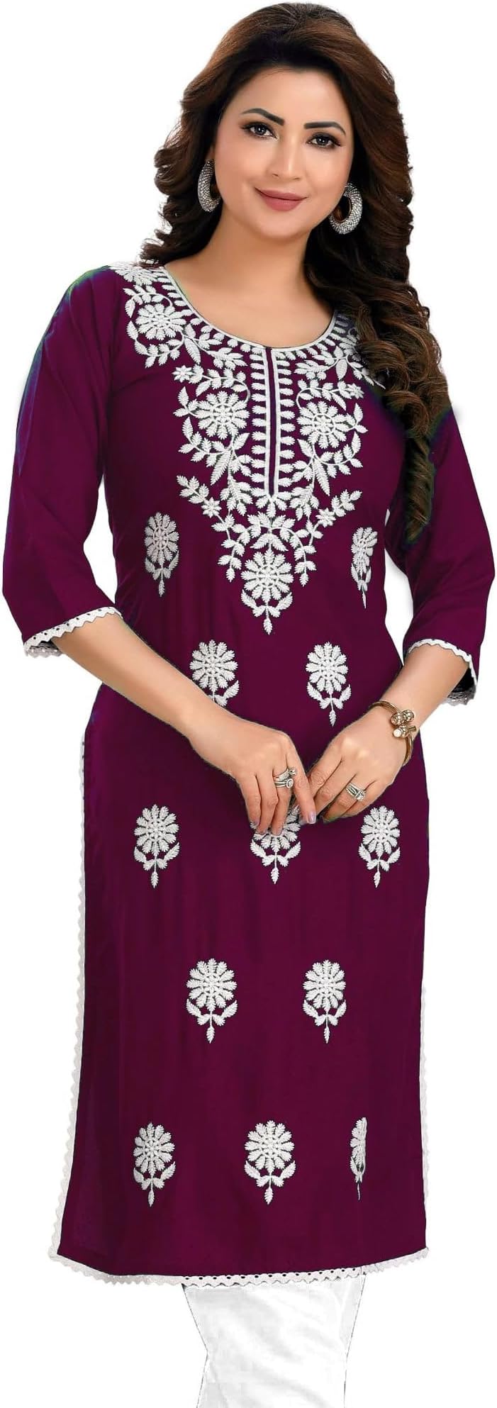 Womens Plain Rayon Chikankari Embroidered Tunic Top | Lucknowi Style Chikan Work Kurta | Knee Length Ethnic Kurti