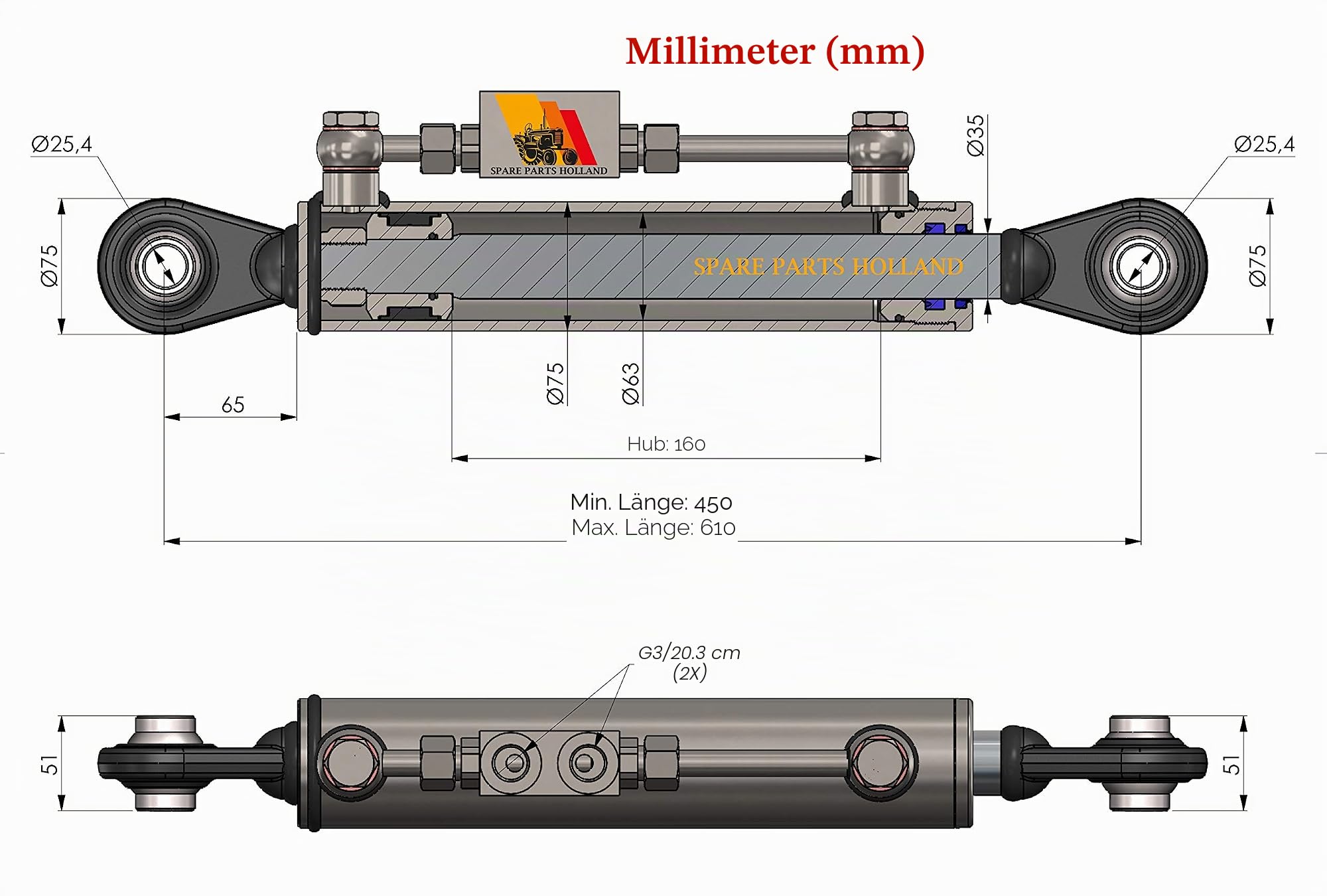 Hydraulischer Oberlenker Kat. 2-2 mit Sperrblock 450-610 mm mit 2 x Schlauch