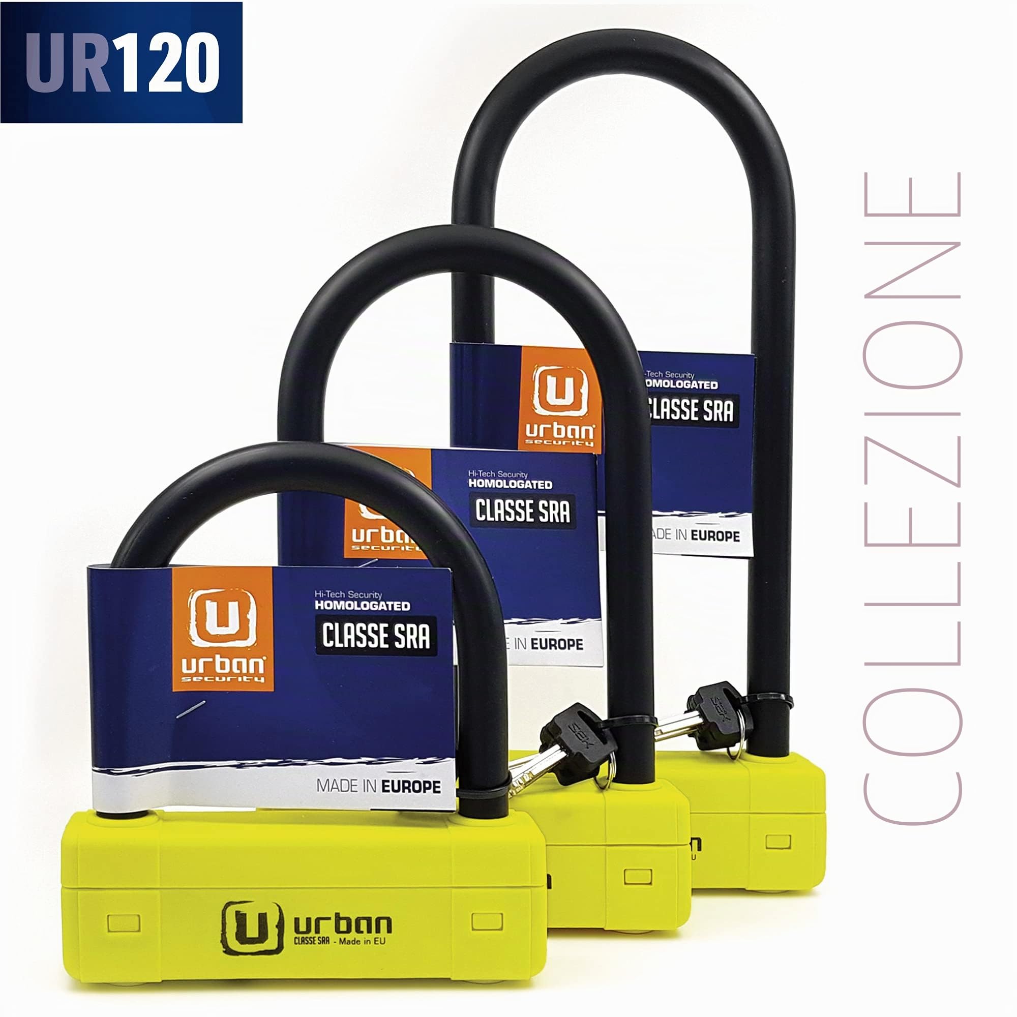 URBAN UR120125 Lucchetto a U per Moto Massima Sicurezza Omologato SRA, Arco ø18 Acciaio Temprato Doppio Blocco, Più Visibile, Antifurto a U lock 120x125mm Più Versatile per Blocco Pneumatico Moto