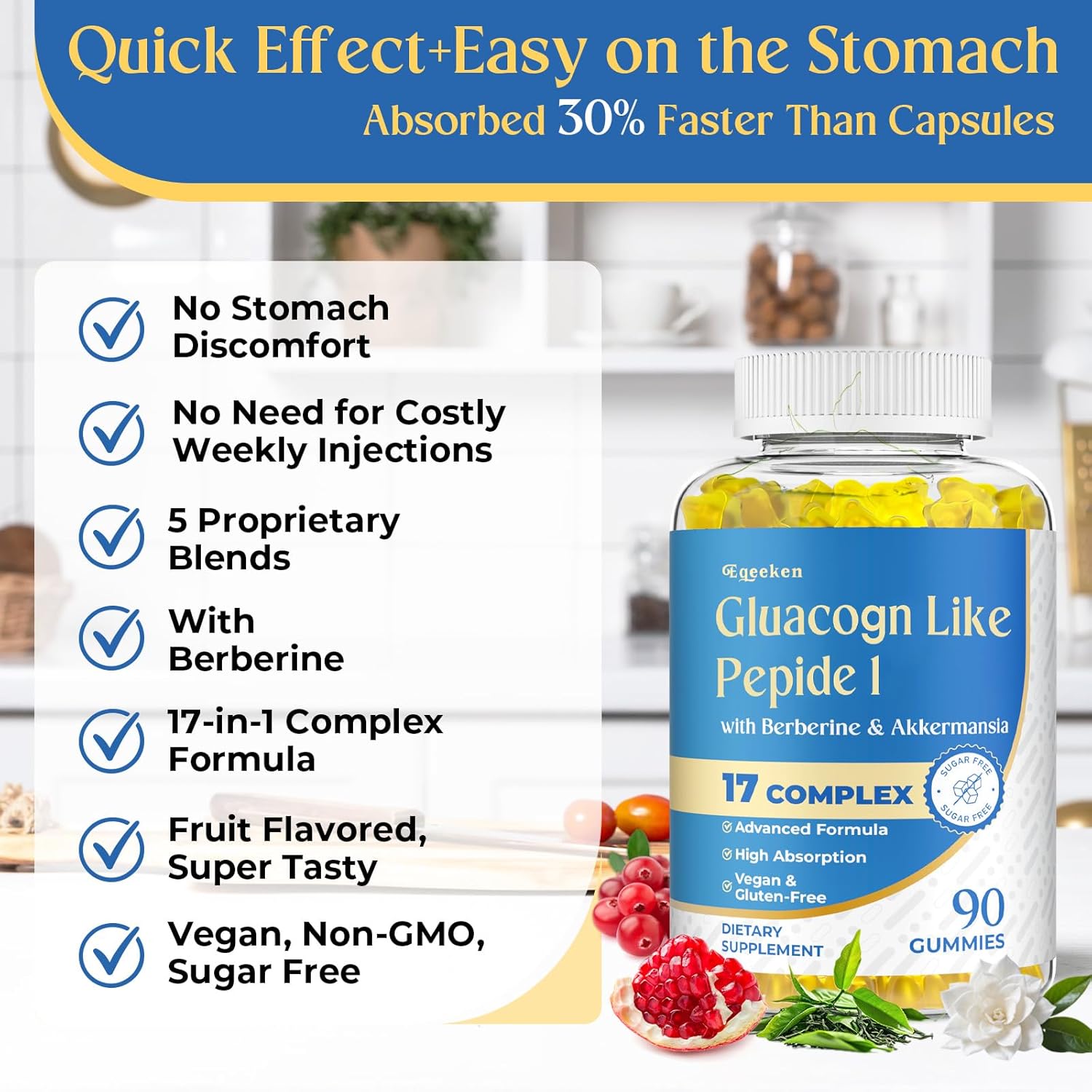 Gluacogn Like Pepide 1 for Women & Men | 17-in-1 Scientific Formula Gluacogn Like Pepide 1 with Akkermansia & Berberine for Nutrient Absorption, Metabolism Digestion & Gut, 0 Sugar, 90 Gummies