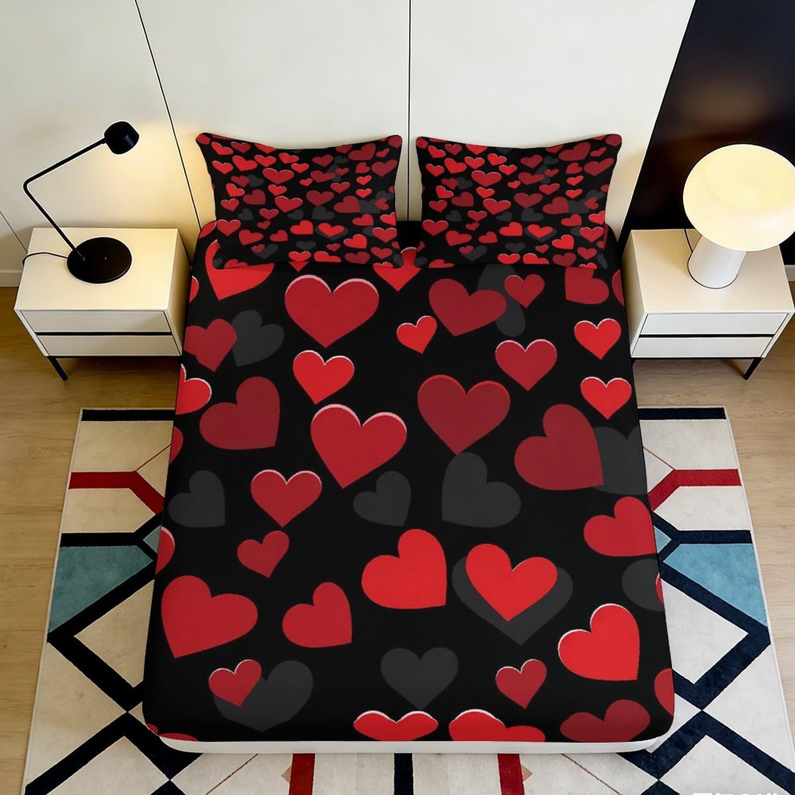 K1r3d9e5 Style-9 3D Printed Red Heart Fitted Sheet Microfiber Soft Black Love Bed Cover For Bedroom Guest Room Mattress Protection 90X200x25cm