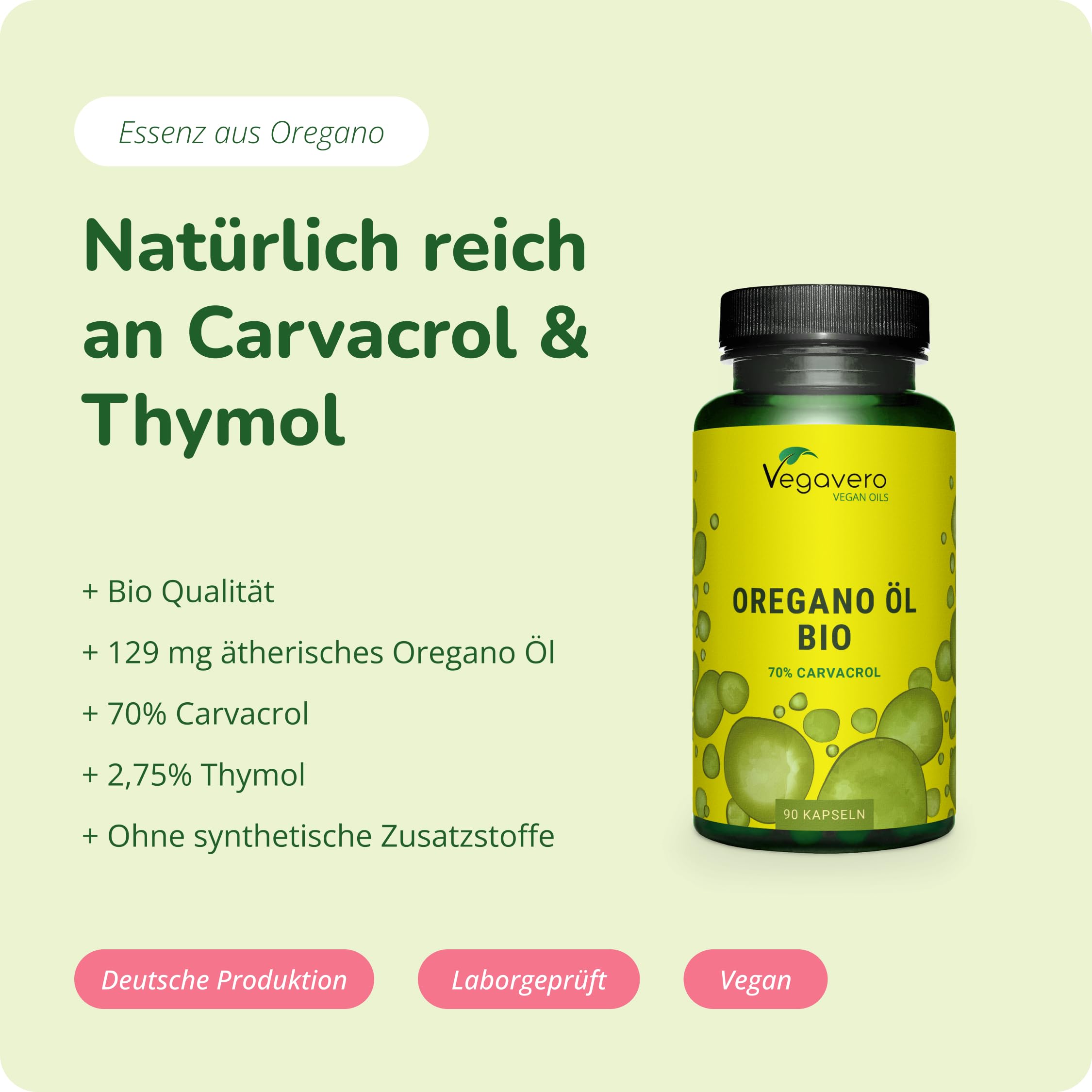 Vegavero Oregano Öl Kapseln Bio 90 Stück - 129 mg Oreganoöl mit 70% Carvacrol & 2,75% Thymol - vegane Kapseln ohne Zusatzstoffe