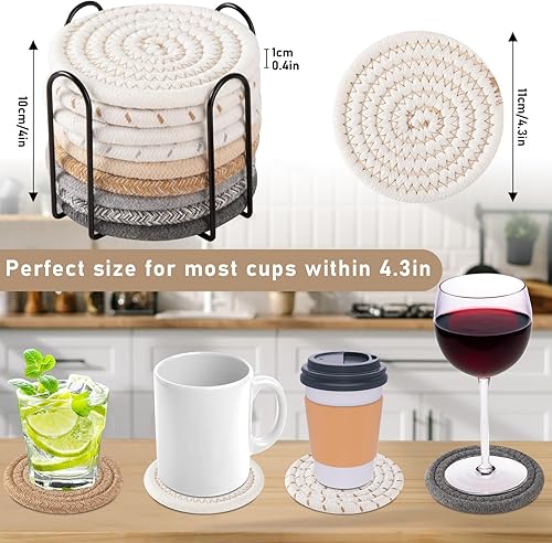 Miniatura 2 de OIAHOMY Juego de posavasos de 10 piezas con soporte, juego de posavasos tejido de algodón bohemio, protección absorbente para varias tazas, ideal