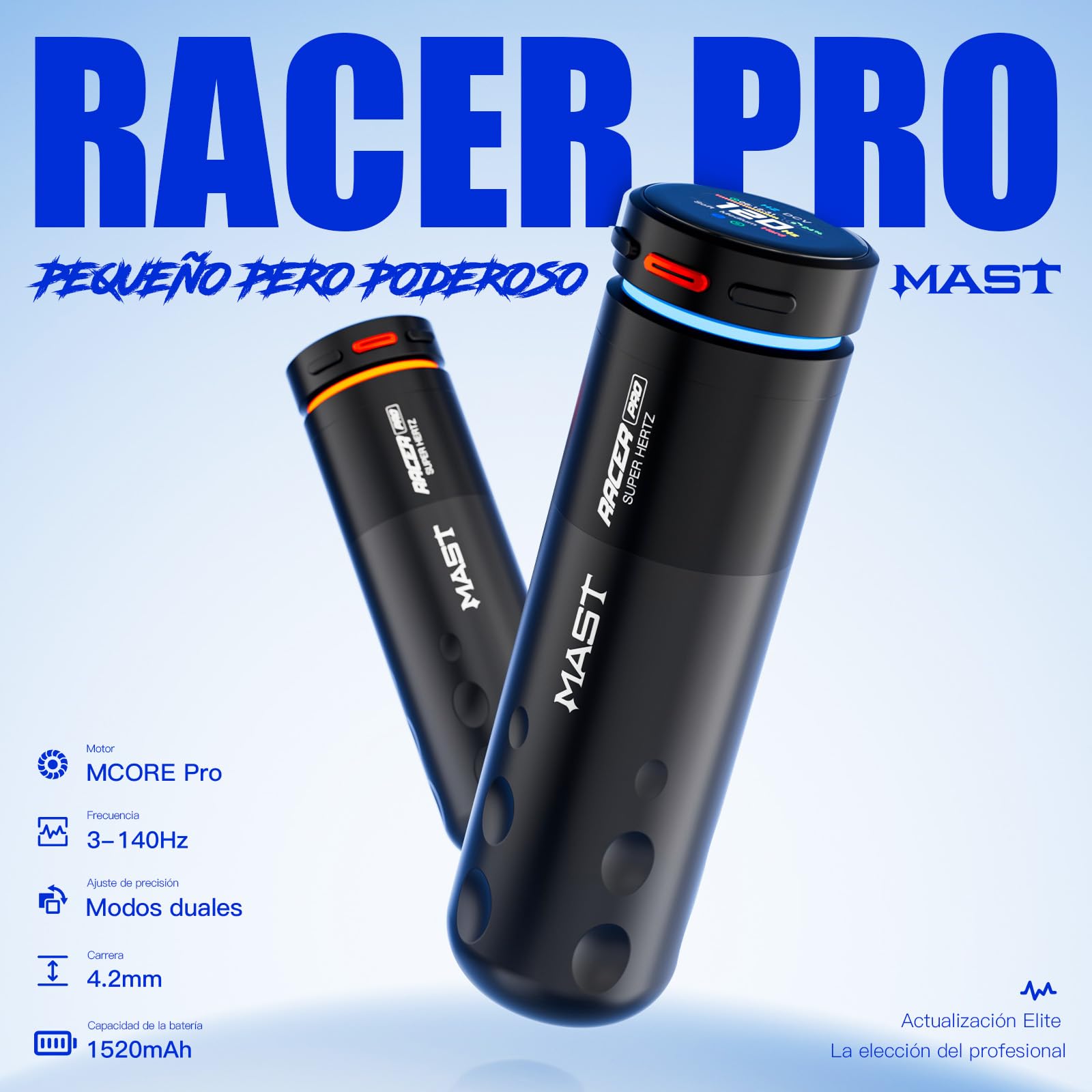 Mast Racer Pro Máquina de Tatuar Rotativa Inalámbrica 3-140Hz Ajustable (Modo Suave/Fuerte) con Batería 1520mAh & Motor Mcore-Pro Profesional Tattoo Machine Pen