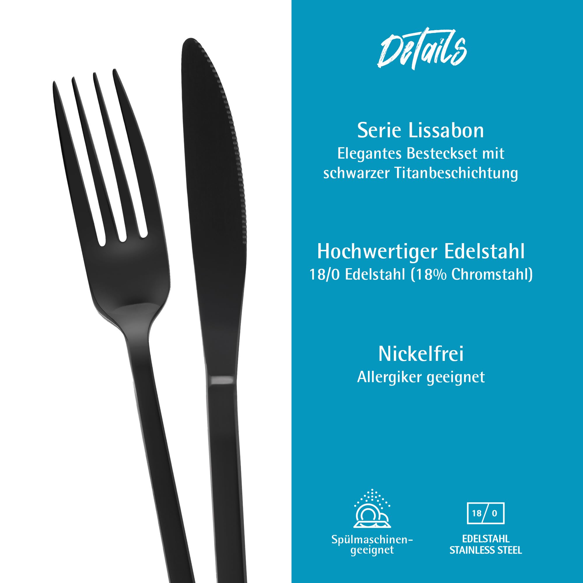 GRÄWE Besteck schwarz, Besteck-Set für 6 Personen, 30-teilig, Edelstahl Tafelbesteck, Essbesteck spülmaschinengeeignet, titanbeschichtet, Serie Lissabon